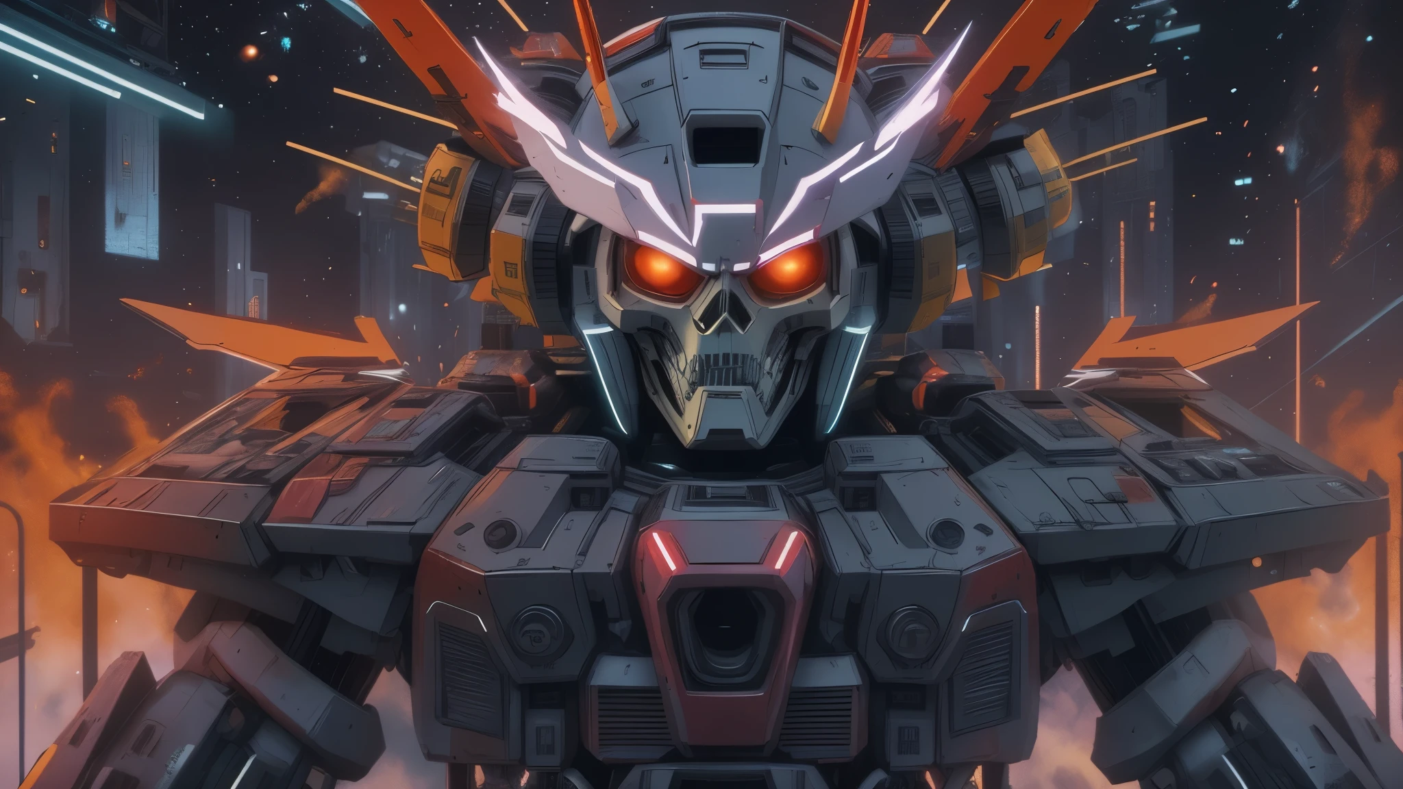 Gundam with a skull face, in a mecha anime style, inside the Gundam cockpit, flames and smoke coming out from underneath, the colors are dark purple, red and black, there is an emblem made up of two wings at its center, with vibrant colors and high contrast. The whole scene gives off a sense of power and intensity, with neon lights adding to the futuristic atmosphere.