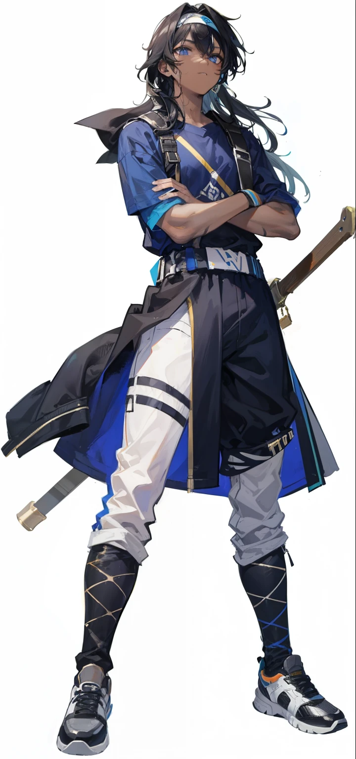 Boy, teen, dark skin, black hair, messy hair, blue eyes, long-sleeved shirt, sweatpants, white headband

