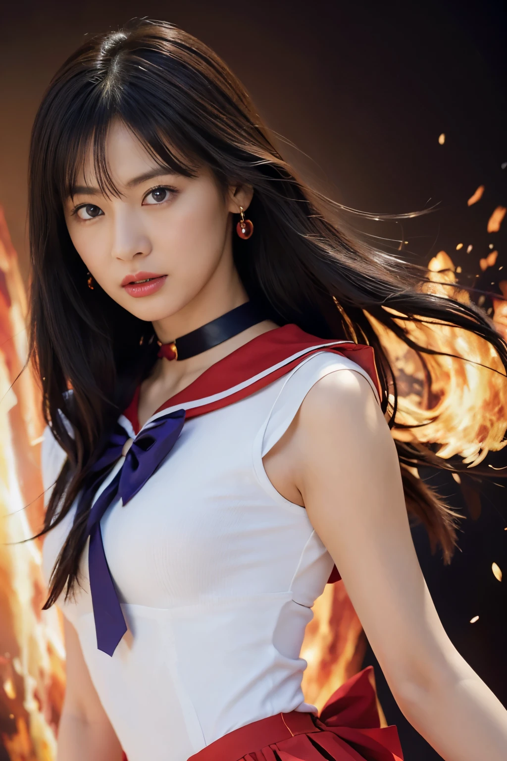 ((HD real, SAMA1 level)), extreme real, masterpiece, highest quality, High resolution, SAMA1, space, stunning beauty, upper body shot, 1 girl, chest, gloves, lips, alone, Sailor mars, purple eyes,  uniform, See more1, tiara, sailor warrior uniform, (Raw photo, highest quality), masterpiece, 浮かぶ長いblack hair, red sailor collar, bow, choker, 白いgloves, red choker, 肘用gloves, jewelry, earrings, red skirt, only, whole body, black hair, (perfect hands): 3.8, octane rendering, goddess of fire, (close: 1.2) In detail, beautiful eyes, close, small eyes, view viewer, to8 contrast style, octane line drawing, space background, mars, flames are floating around her, red flame, intensegaze, clear eyes, lowered his hand