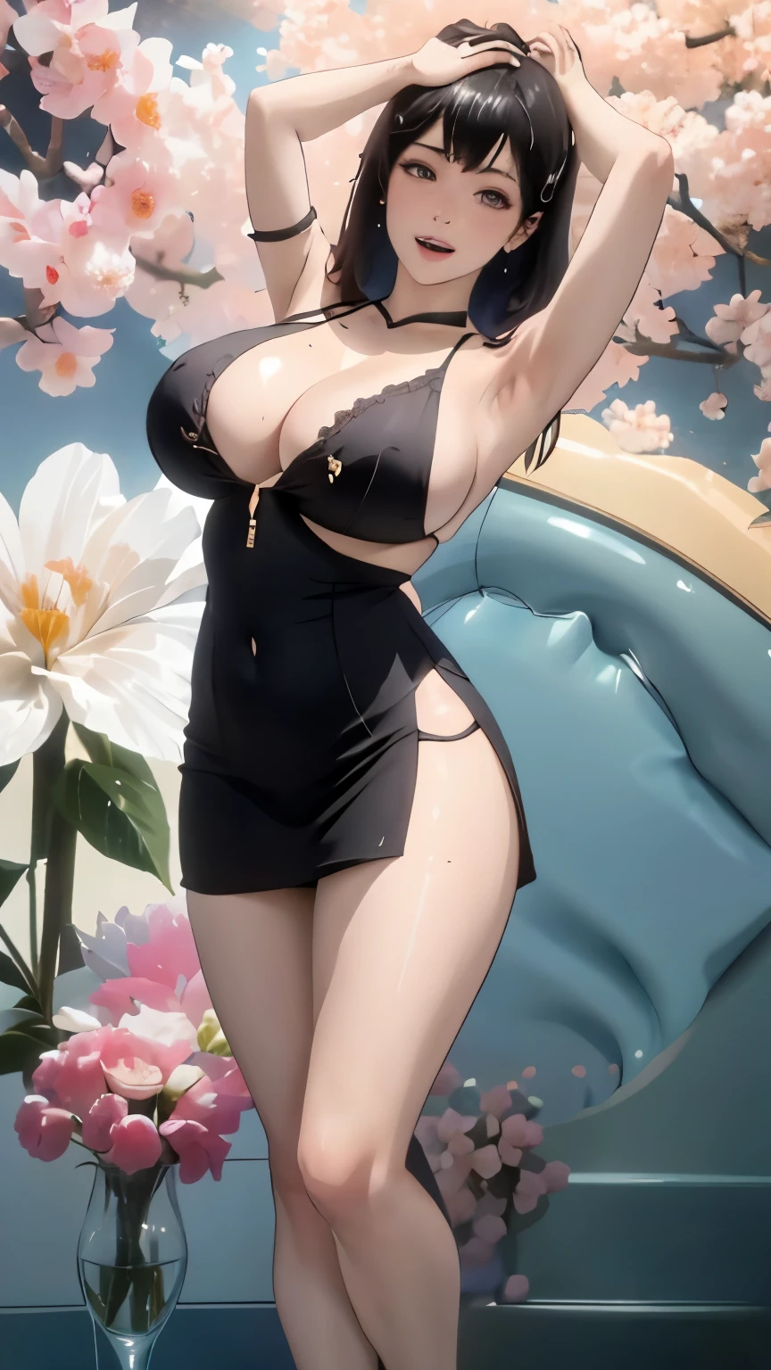 masterpiece, absurdres,(pikkyyumeko), 1girl, solo,mature female, (topless), spaghetti strap top,open shirt,high waist short skirt, looking at viewer, (falling petals), perfect composition, detailed lips, (big breast, huge breast:1.3 ), beautiful face, body propotion, blush, soft gaze, super realistic, detailed, photoshoot, realistic face and body, (nsfw:1.3), wet cum:1.2,( close shot:1.2, close),armpit, detached net Sleeves, (plump), open mouth, smiling