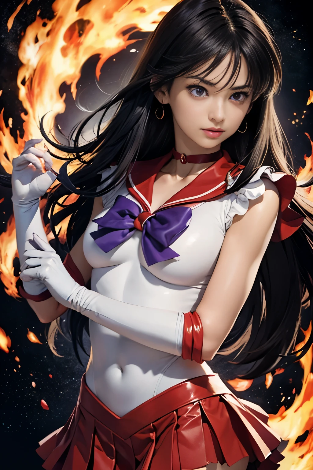 ((HD real, SAMA1 level)), extreme real, masterpiece, highest quality, High resolution, SAMA1, space, stunning beauty, upper body shot, 1 girl, chest, gloves, lips, alone, Sailor mars, purple eyes, uniform, See more1, tiara, sailor warrior uniform, (Raw photo, highest quality), masterpiece, 浮かぶ長いblack hair, red sailor collar, bow, choker, 白いgloves, red choker, 肘用gloves, jewelry, earrings, red skirt, only, whole body, black hair, (perfect hands): 3.8, octane rendering, goddess of fire, (close: 1.2) In detail, beautiful eyes, close, small eyes, view viewer, to8 contrast style, octane line drawing, space background, mars, flames are floating around her, red flame, intensegaze, clear eyes, lowered his hand