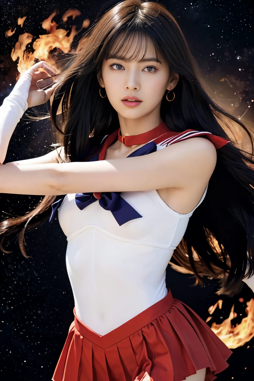 ((HD real, SAMA1 level)), extreme real, masterpiece, highest quality, High resolution, SAMA1, space, stunning beauty, upper body shot, 1 girl, chest, gloves, lips, alone, Sailor mars, purple eyes,  uniform, See more1, tiara, sailor warrior uniform, (Raw photo, highest quality), masterpiece, 浮かぶ長いblack hair, red sailor collar, bow, choker, 白いgloves, red choker, 肘用gloves, jewelry, earrings, red skirt, only, whole body, black hair, (perfect hands): 3.8, octane rendering, goddess of fire, (close: 1.2) In detail, beautiful eyes, close, small eyes, view viewer, to8 contrast style, octane line drawing, space background, mars, flames are floating around her, red flame, intensegaze, clear eyes, lowered his hand