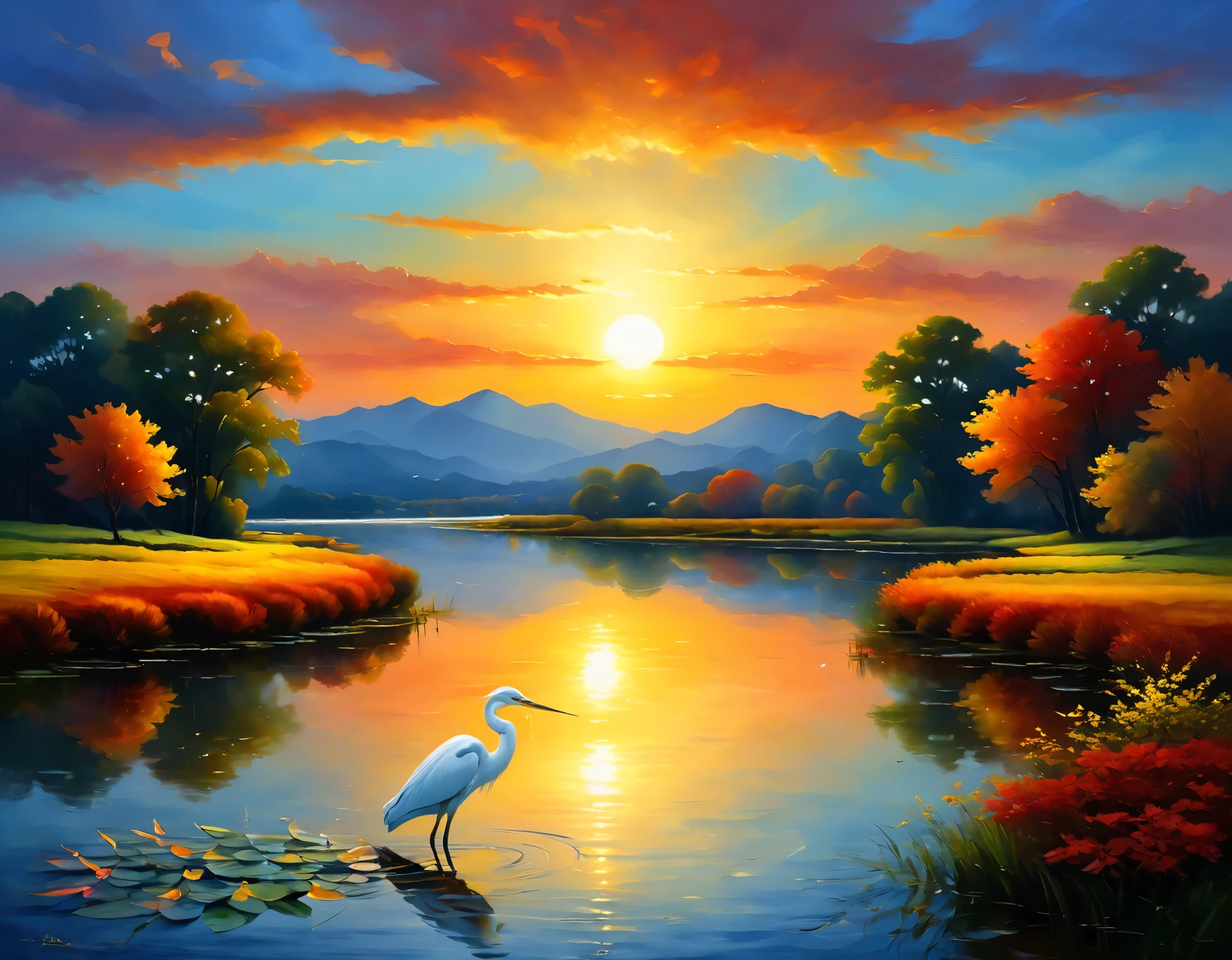 On a quiet evening, a flock of white herons gather gracefully around the pond. The reflective surface of the lake reflects its graceful appearance, creating a calm and picturesque landscape. The autumn air carries a bit of cold, and the grass by the lake is withered. The scene unfolds as a masterpiece in the mind's eye, with rich colors rendering the scene a stunning oil painting. As the sun begins to set, rich hues of orange, red, and yellow color the sky and reflect the changing seasons on the water. The silence of the scene is broken only by the gentle rocking of the e.,masterpiece,Paintings by masters,musse egret,evening,oil,brush stroke,rendering,rich colors,最高masterpiece,best composition,intricate details,