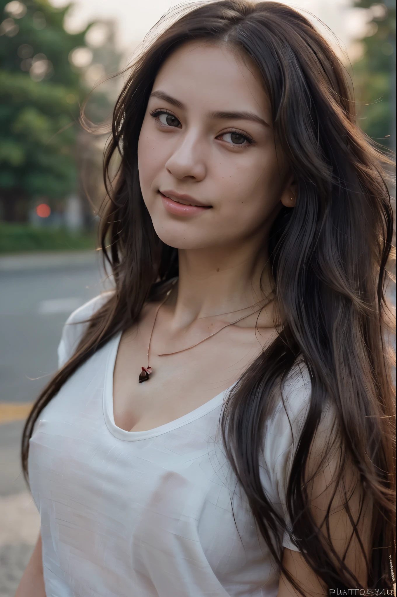 (masutepiece), Stunning intricate real camera portrait of Dasha Taran in white t-shirt, masutepiece, Best Quality, Unity 8k壁纸, ((Photorealistic:1.4)), ultra-detailliert, Extremely detailed, Elegant, Beautiful, romanticism, 1girl in, enticing,(Closed smile), pale skin, ((Brown eyes)), Black Long Hair, (hair blowing in wind), ((detailed hairs)), Front shot, Face Focus, Film grain, FUJI XT3, Realistic pores_skin,Solid background#fff5ee,Diamond Necklace