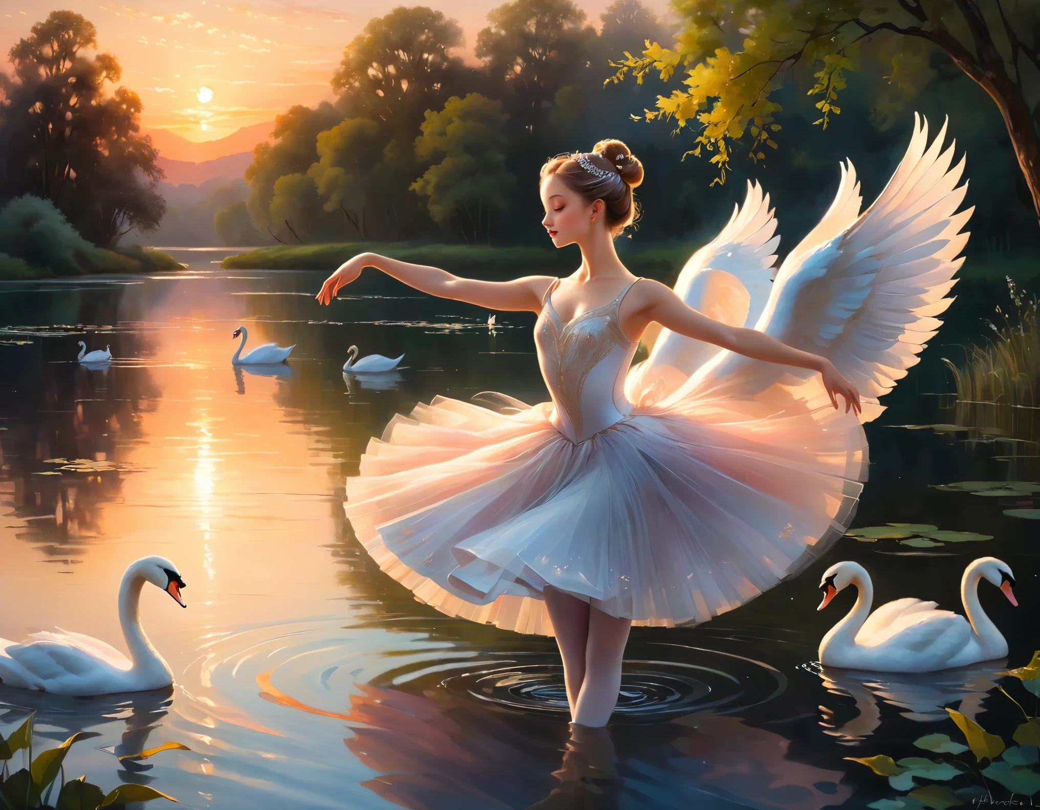 Beautiful ballerina dancing by the tranquil Lake of Swans at sunset:
A scene of ethereal grace and serenity unfolds in this exquisite painting. The soft, oil hues of dusk's first blush kiss the water's surface, casting a warm glow on the elegant ballerina as she loses herself in the gentle rhythm of her dance. Her lithe form, draped in a flowing tutu, mirrors the sinuous curves of the lake, while her arms, gracefully outstretched, reach towards the heavens like the graceful necks of the swans that glide effortlessly across the water. The masterpiece comes alive with intricate details in