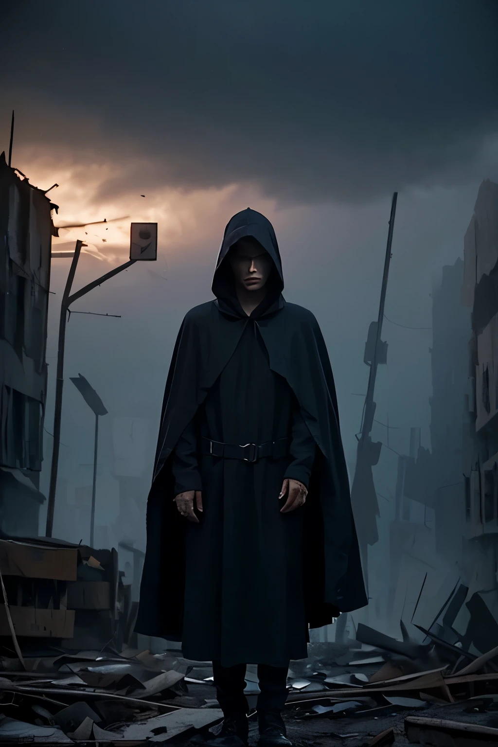 ((best quality)), ((masterpiece)), (detailed), perfect face two hooded figures with their faces obscured. the dystopian wasteland in the background. dark skies and eerie tones.
