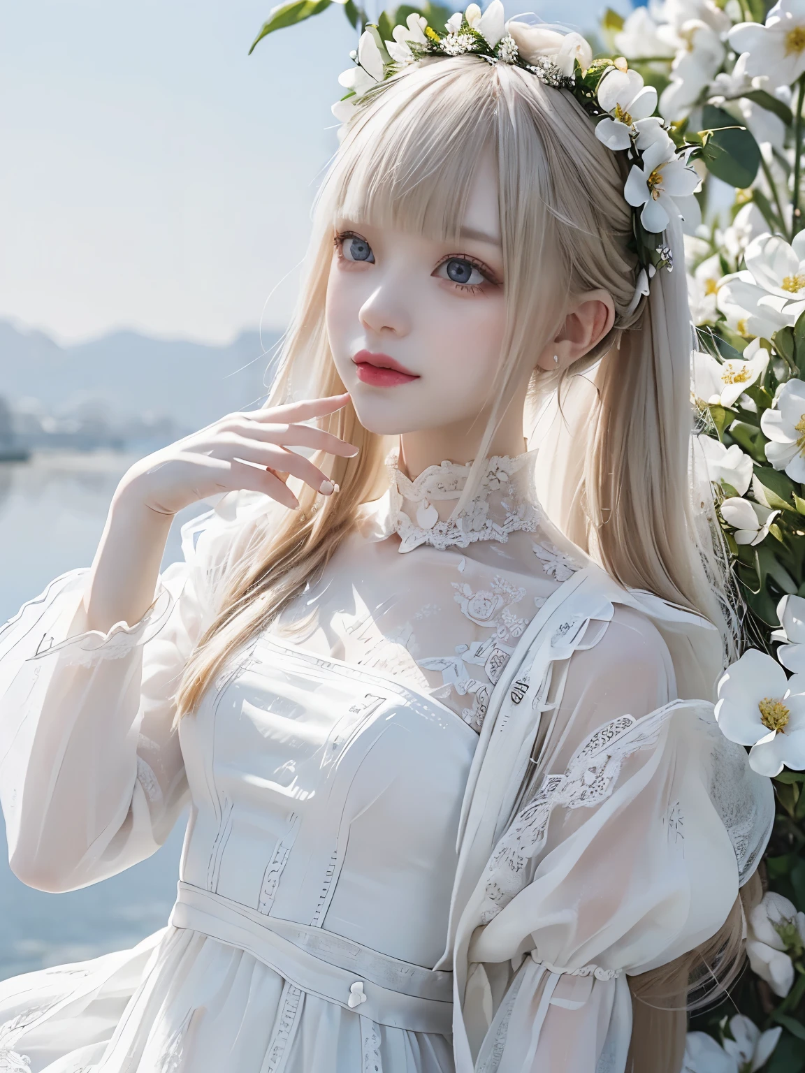 raw photo, 8k, (top-quality), Realistic, (real picture, Intricate details), (natural skin texture, detailed skin, hyper realism, sharpness), full body shot, Japanese teenage girl dancing, (clear sky, white flowers, white petals:1.2, On the mysterious hill where white flowers bloom), ((white dress, see-through dress, long sleeve, white flower hair ornament, flower crown, look far away)), (pale skin:1.2), thighs, full body shot, slender body, ((light blond hair:1.3,bun hairstyle, blunt bangs)), (Parted lips:1.3, eye shadow, eyeline, tear bag:1.2, red lip, undereye circle, smile), sun light