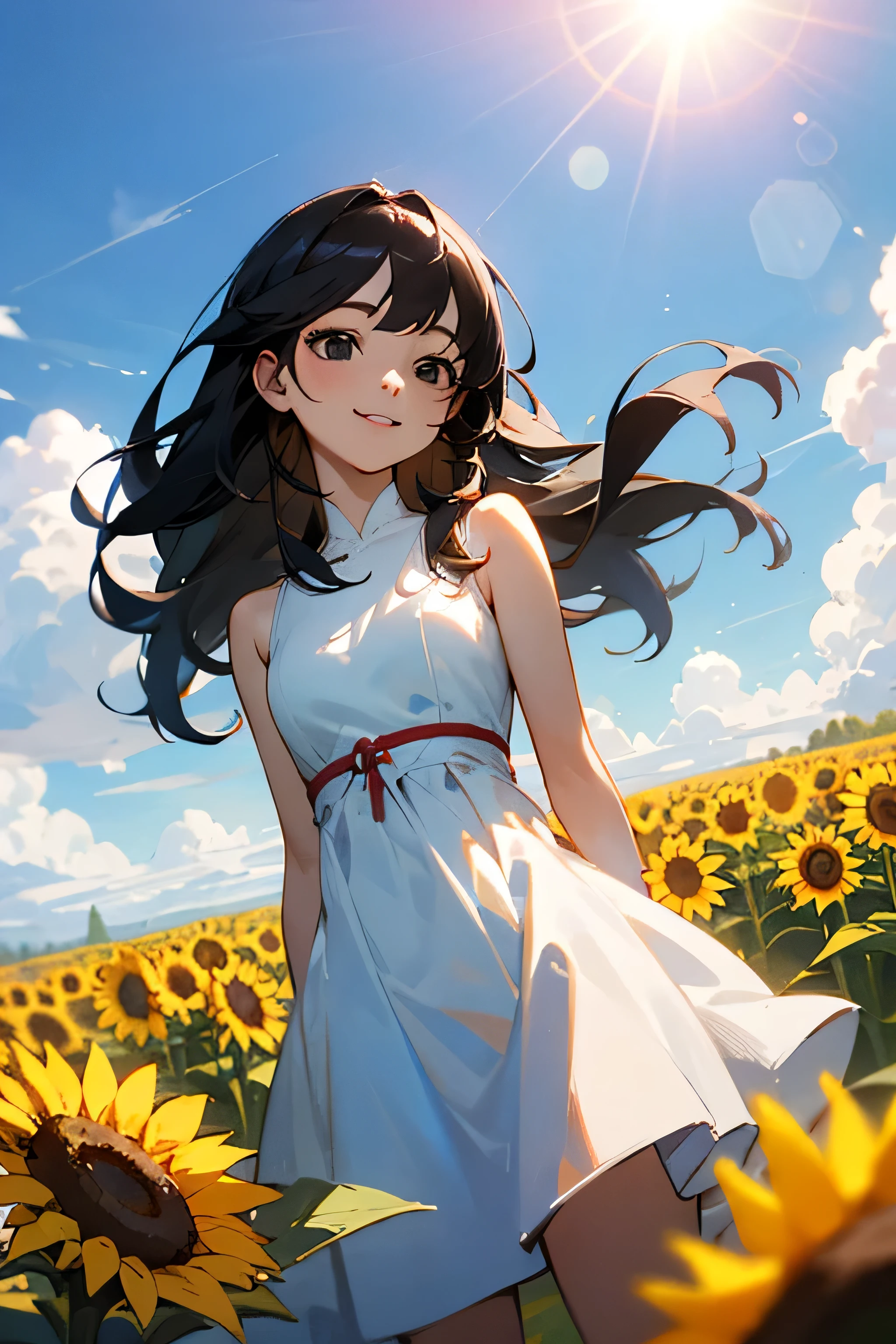 magnificiant view,best quality, masterpiece,ultra high res,detailed,one girl,short body, body,smile,long hair,black eyes,black hair,round face,magnificiant view,white dress,sunflower field,sunny,colorful refraction,lens flare,natural lighting