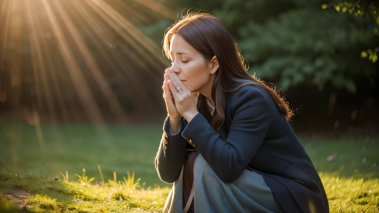 a Celtic woman 40 years old has her hands together praying, she is on her knees praying with her eyes closed, lit with sunlight, ultra-realistic image, the style is realistic photography using a 50mm lens in 8k and applying contrast, 8k --ar 16:9 --s 1000 -- v6.0