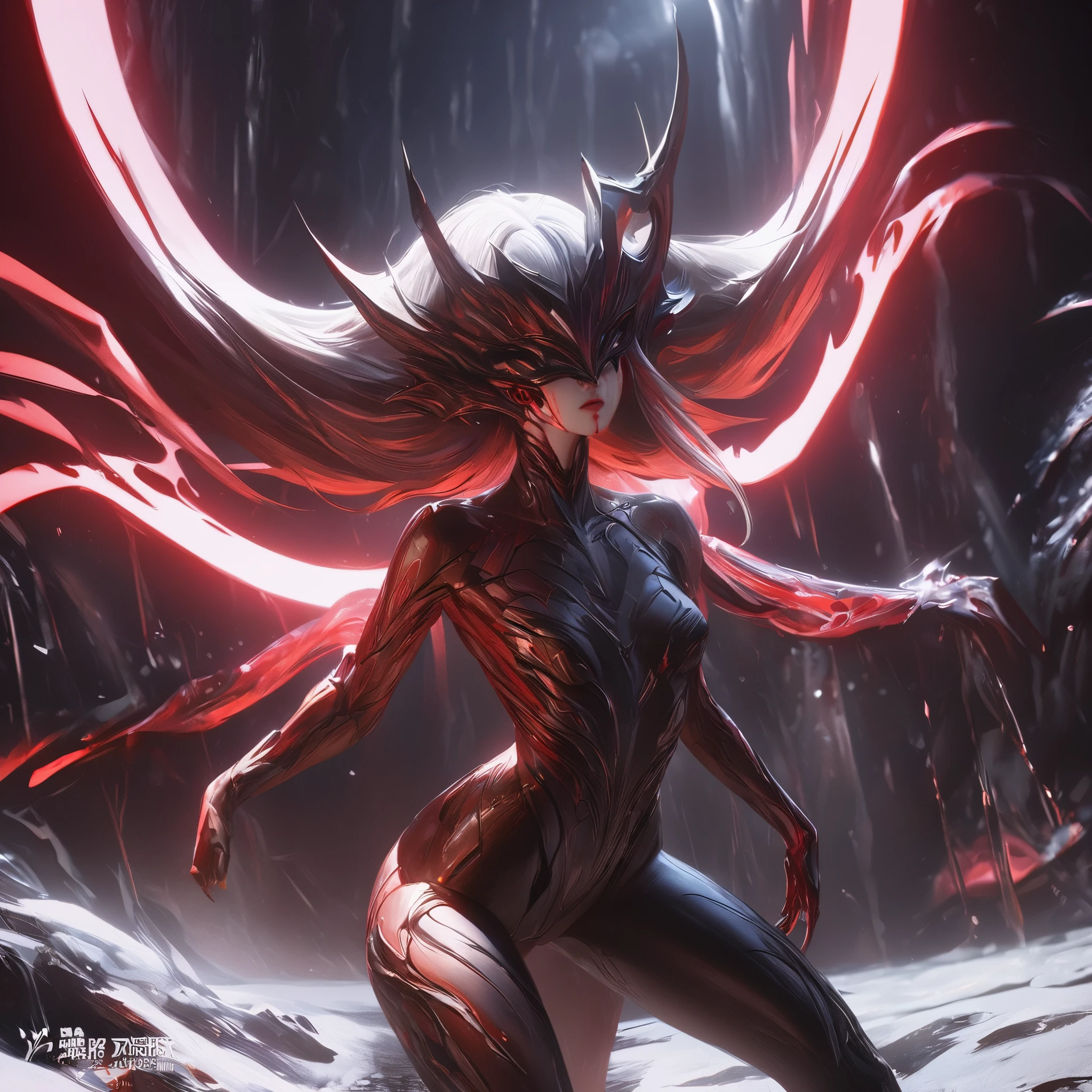 black，chiaroscuro, Ray tracing, movie lighting, cowboy shooting, 8K, Yes, Super details, precise, best quality, Award-winning, Award-winning, A High resolution, masterpiece, high detail，guweiz on artstation pixiv, Popular topics on artstation pixiv, 详细的number概念艺术, author：Yang Jie, 2. 5D CGI anime fantasy artwork，ultra high definition，8K ，Realistic skin texture，chiaroscuro, Ray tracing, movie lighting, 8K, Yes, Super details, precise, best quality, Award-winning, Award-winning, A High resolution, masterpiece, high detail，in the snow，Clear，masterpiece， best quality， 8K， number， 1 girl， alone， stand up， hair accessories， Red eyes， Heartless expression， Bloodstained mechanical parts， electric wire， cable， failure effect， scary， Science fiction， futuristic， The background is darker inside， neon lights， cyberpunk characters， surreal， Strange， Disturbing， spine-chilling， scary， western metal，Red eyes，发black，black色長手套，Rompers，leggings，Highlight her graceful figure,将整个身体包裹stand up，symbiont，（（Raised sexy）），One-piece Pants，Red eyes，Venom Possession，发black，black色長手套，Rompers，black色一件，Blood-red eyes，best quality, High resolution, super detailed, Vivid texture, mask, Bangs，wear socks，tears，被black色粘液覆盖