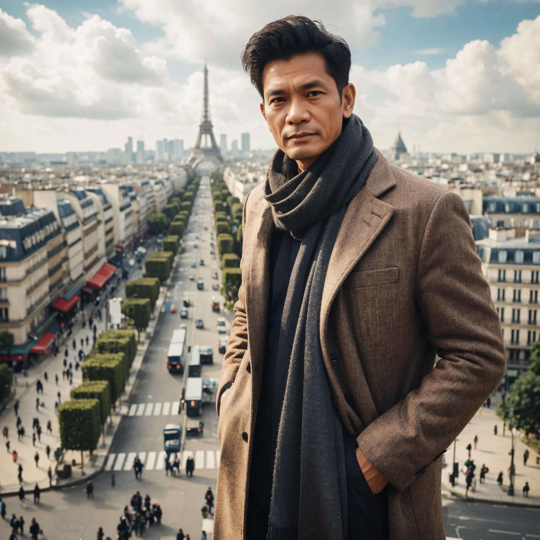 A man age 40 years from Indonesia wearing a complete coat style, full body, while enjoying the beautiful city of Paris.