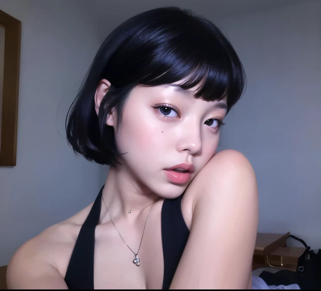 ((Best quality, 8k, Masterpiece :1.3)), 1girl, side shot :1.2, beautiful Japanese woman with slender abs: 1.3, (casual hairstyle, big breasts: 1.2), wearing nothing, indoor, super detailed face, detailed eyes, double eyelids, whole body,short bob hair