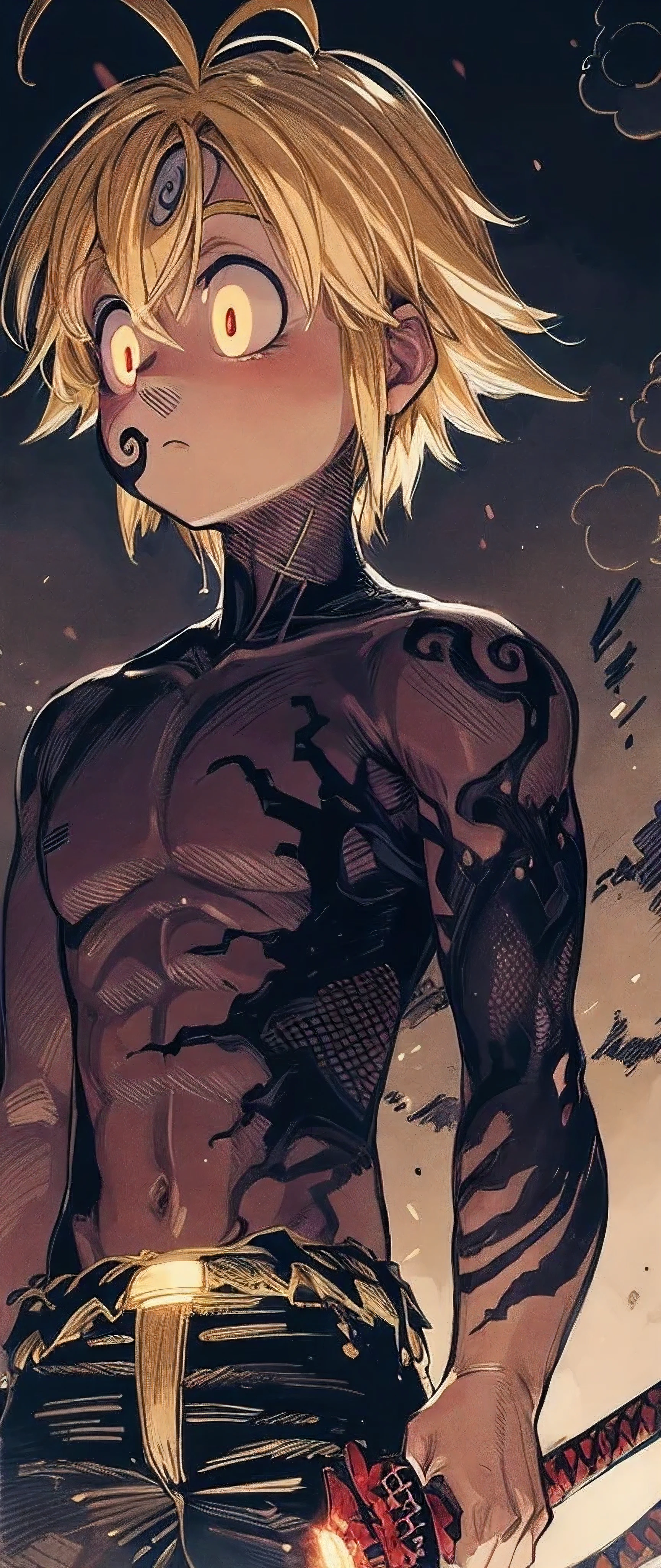 Masterpiece, Meliodas Nanatsu no Taizai, Meliodas in his high power, assault mode, dark face, high-ranking demon, empty eyes, black eyes, strongest demon, demonic aura, holding sword