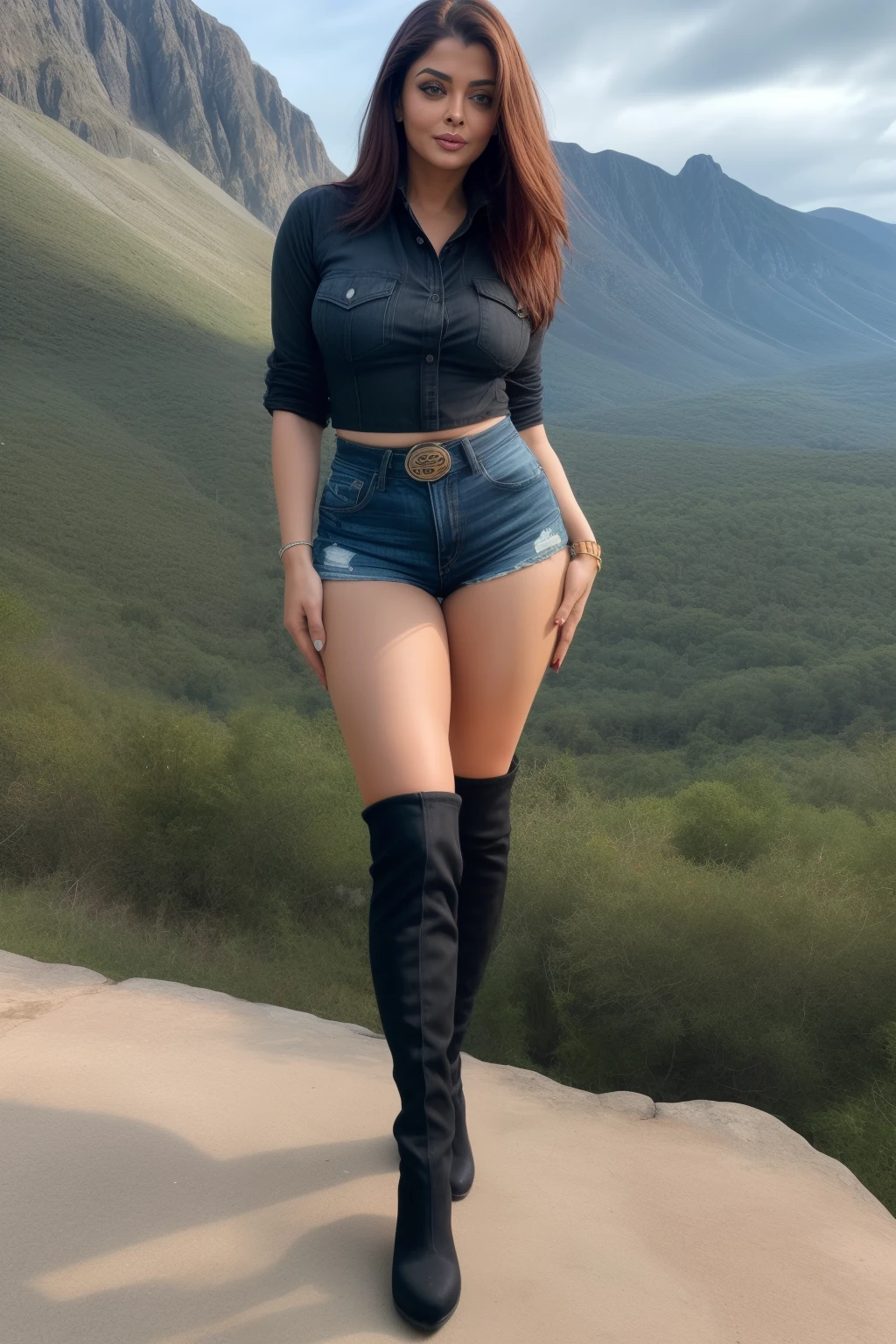 Full body photo of SEXY 50YO MATURE MILF AISHWARYA RAI as BIKINI MODEL, (((removing clothes))), ((black denim shorts with red mini shirt)), ((high knee boots)), (((seductive posing in mountain top))), day scene, mature MILF hourglass figure, massive breasts with huge cleavage, look straight at camera, ((bob cut hair)), sexy 50 yo mature MILF, soft volumetric lights, intricate details, (ArtStation:1.2)