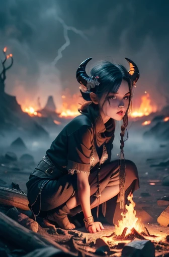 a girl in the seventh layer of hell,dark and eerie,red-hot flames,creepy creatures wearing horns and tails,bones and skeletons scattered on the ground,demonic shadows and twisted trees,a sinister atmosphere of despair and torment,sulfuric smoke and lava,ominous dark skies with flashes of lightning and thunder,(best quality,4k,8k,highres,masterpiece:1.2),ultra-detailed,realistic:1.37,horror,macabre,deep red and black color palette,sinister and dramatic lighting