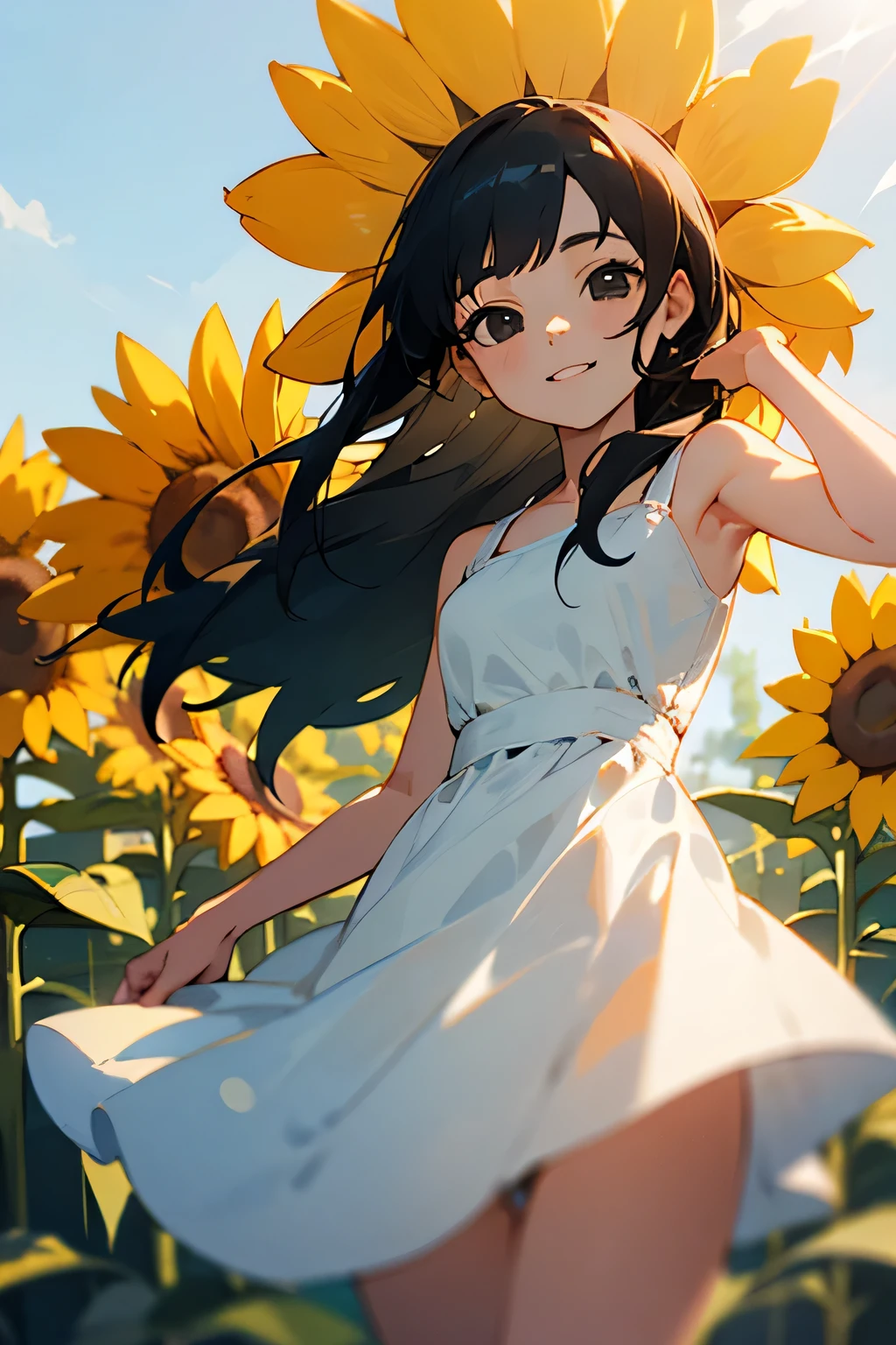 best quality, masterpiece,ultra high res,detailed,one girl,short body,smile,long hair,black eyes,black hair,round face,magnificiant view,white dress,sunflower field,sunny,colorful refraction,lens flare,magnificiant view,natural lighting