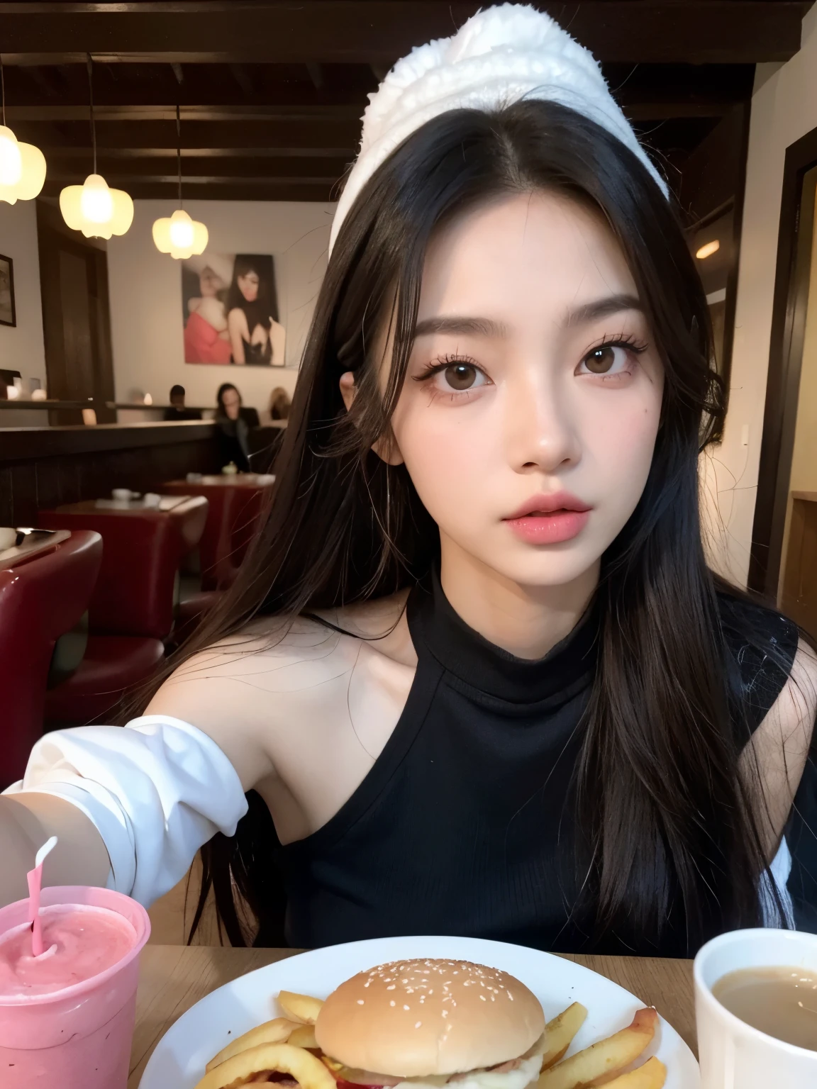 Kim Jennie de blackpink con el cabello rubio claro, cabello rubio con ondulado, cabello de color rubio ondulado, with small fringes, ojos color negro, nariz respingada y bonita, labios gruesos, Cupid and heart shaped lips., labios rosas, pale, white skin, piel bonita y suave, con pecas y lunares, cejas bonitas, marked and beautiful clavicle, mientras tiene un gorro en forma de hamburguesa, gorro en forma de hamburguesa, mientras tiene un rosas color rojo tinto en su top, rojo oscuro, con ropa interior femenina, abdomen delgado y bonito, escote desnudo, (pechos grandes, pechos suaves, pechos naturales), mientras agarra una rosa, while in a restaurant eating hamburgers and Asian noodles, mirando a la camara, autofoto