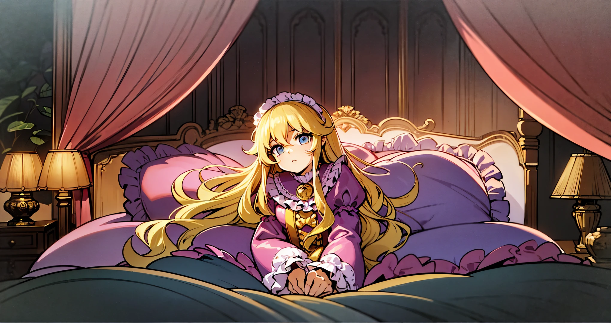 ,highest quality, masterpiece, highest resolution, artwork, super それにget used to it, many get used to it, get used to it, それにget used to it, 3K 90s anime illustration,(( 10 year old girl)),Super detailed baby face,high quality small face,long blonde hair that grows to the waist,blue eyes,白い肌のeuropean,pajamas, european,(((super long blonde hair))),curly hair,blue eyes,((((ピンクのロリータファッションのlong skirtのワンピースドレス)))),((Pink nightgown with lots of frills and ribbons)),((Luxurious headdress with frills and ribbons)),detailed headdress,,(((big yoke collar))),Yoke collar with ruffles and ribbons,((((long sleeve)))),ruffle sleeves,((((long skirt)))),white ruffle and lace socks,large frill and ribbon pillow,(((Nice pink outfit))),豪華なcanopy bedの上,canopy bed,The bed is surrounded by luxurious curtains,many frilly pillows on the bed,There are many frilly pillows behind the girl.,super detailed background,detailed bed,soft pink comforter,Highly detailed soft ruffle pillow,Beautiful girl illustration,detailed beautiful face,thin hair,detailed eye ,detailed eyes,detailed mouth, arm details,fine hands,Detailed pillow,wide bed,Illustration on the bed, ,((((round futon)))),((((A large ruffled futon that covers the entire bed)))),detailed comforter,detailed bedシーツ,Before bedtime,romantic atmosphere,palace bedroom,((((The lower body is completely covered in a large puffy futon)))) The girl is leaning on a pile of pillows, ,((((round futon)))),((((A large ruffled futon that covers the entire bed)))),