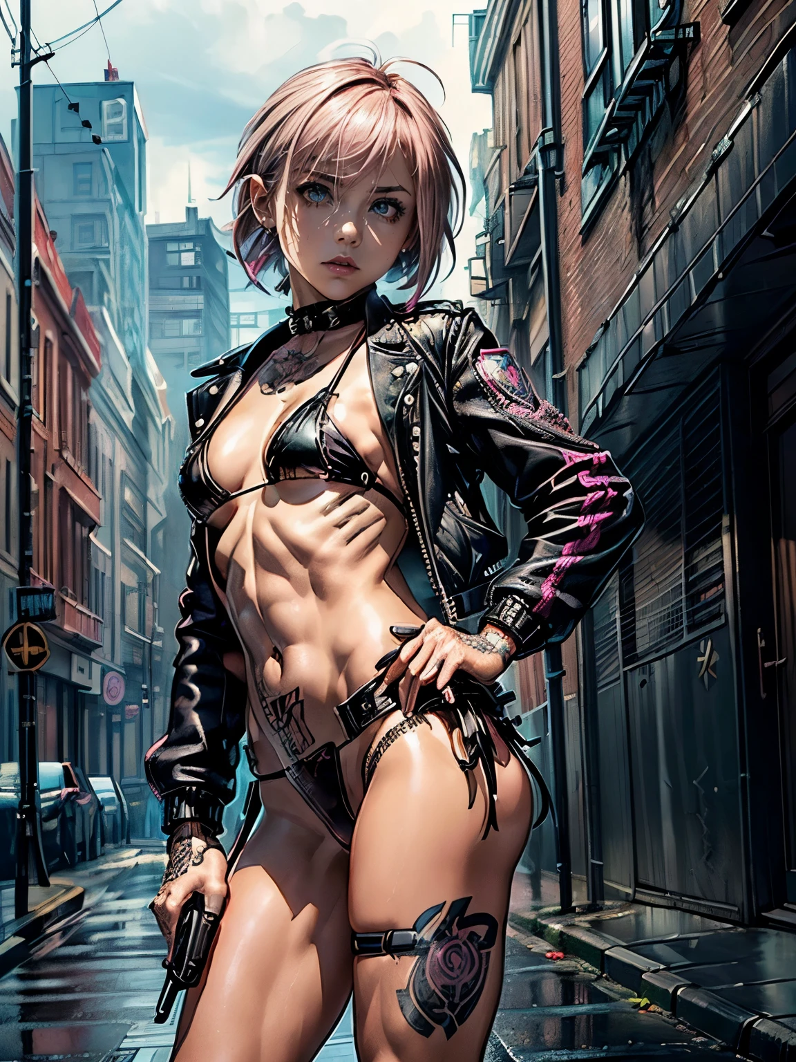 (((top quality: 1.4))),(A masterpiece like no other in history), (ultra high resolution),(Ultra-realistic 8k CG), official art,dynamic pose,dynamic angle,((Ｓ＆Ｗ M29,holding a revolver pistol:1.5)), ((( body))), (((1 girl))), ((( bob short hair ))), punk girl with perfect body, jacket with metal spine,Beautiful and well-shaped face,((See here)),elaborate punk fashion,leather jacket, (Image from head to thighs),((Pink bob short hair )), ((small leather micros bikini:1.5)), Simon Bisley&#39;s urban and brutal style,cloudy sky,Detailed street background of London,rainy city,beautiful abs, Complex graphics, (( Lots of poisonous tattoos )), earrings,