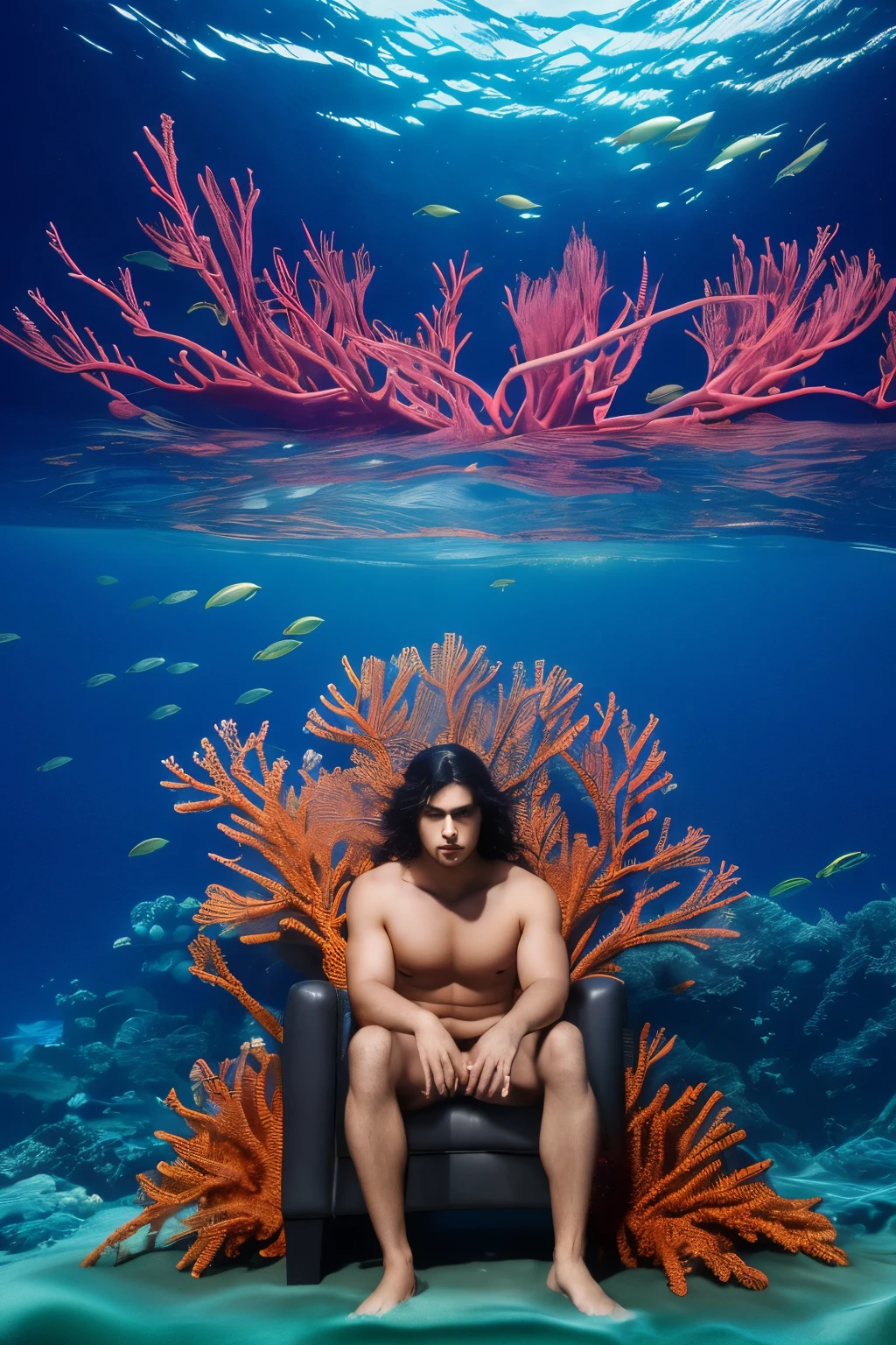 God of the sea sitting on the throne of the deep sea、long hair swaying in the ocean currents、The clothing you wear has a design inspired by deep sea creatures.。Behind you is a fantastic view of coral and glowing fish.。