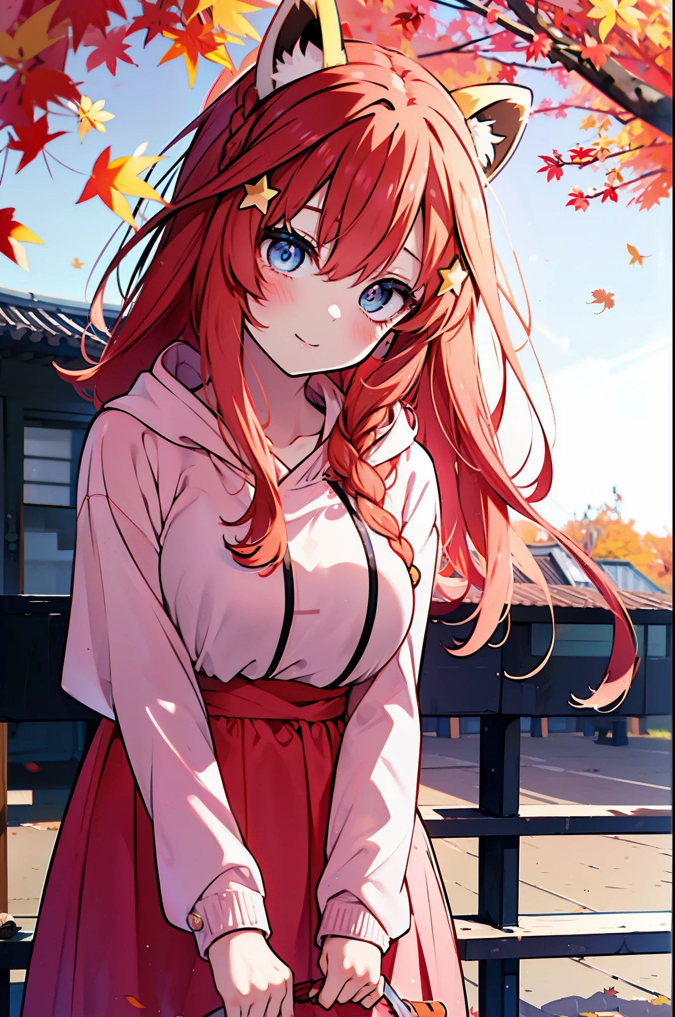 itsukinakano, itsuki nakano, bangs, blue eyes, hair between eyes, Ahoge, redhead, star \(symbol\), short braided hair,hair ornaments, star hair ornaments,smile,blush,animal ears　raccoon ears,animal tail　Tanuki tail,red hoodie,white long skirt,Cute Sandals,autumn leaves,whole bodyがイラストに入るように,
break outdoors, garden,
break looking at viewer,whole body,(cowboy shot:1.5),
break (masterpiece:1.2), highest quality, High resolution, unity 8k wallpaper, (shape:0.8), (beautiful deしっぽed eyes:1.6), extremely deしっぽed face, perfect lighting, extremely deしっぽed CG, (perfect hands, perfect anatomy),