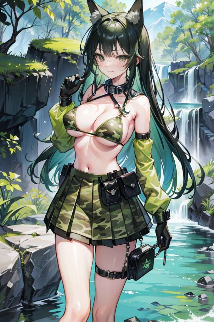 high quality, masterpiece, super detailed, 1 girl, extremely detailed faces,long black hair,Mechanical arm,Mechanical breasts,green camo bikini,Green camouflage pleated skirt,green camouflage gloves,Green Camouflage Fishnet Socks,handcuffs,collar,Calm expression,Smile,handcuffs,collar,long black hair, charming pink eyes, fox ears, Ridiculously big, skin shiny, mountain stream,creek,