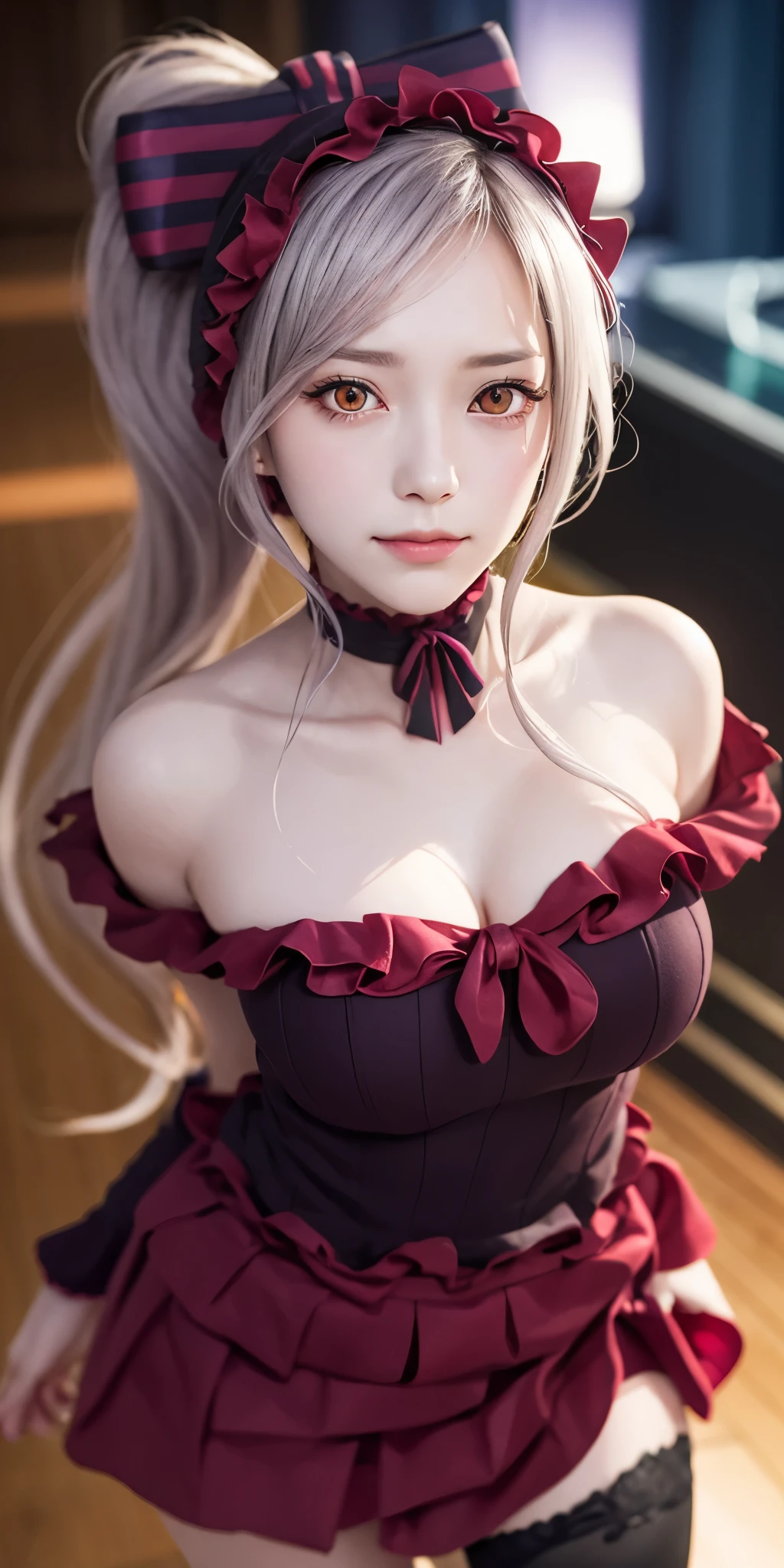 , best quality, Shalltear V4, 1 girl, alone, skirt, decorate, bow, hair bow, direction, faint smile, pale skin, luminescent, luminescent eyes, portrait