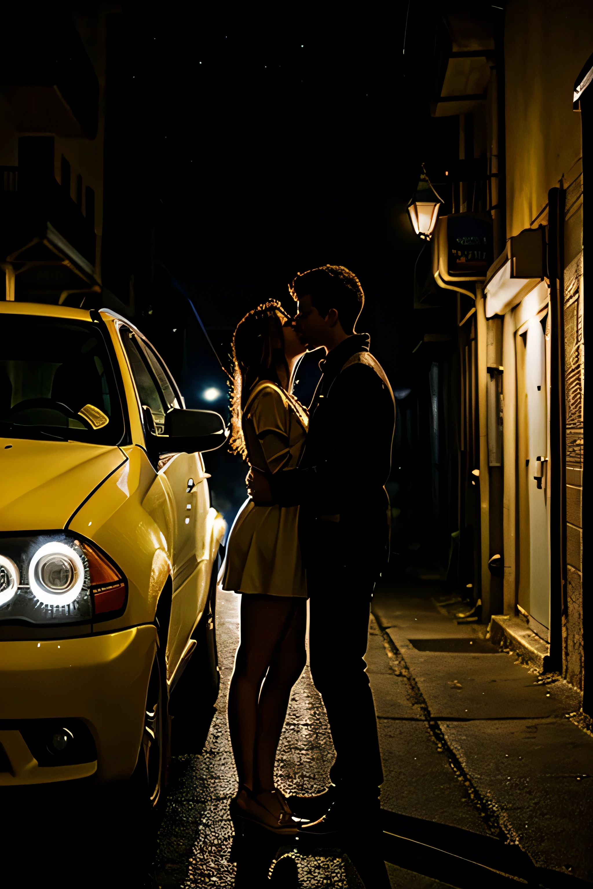 couple kissing in car, dark alley, dim yellow streetlight