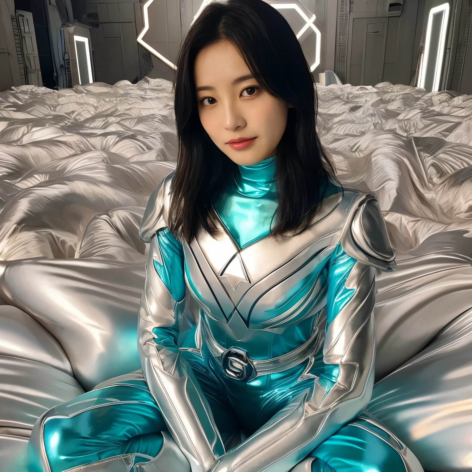 best image quality、Super high resolution、(realism:1.4)、Korean beauty star、The most beautiful KPOP star、horny face、Horny Korean makeup、erotic expression、A body that makes you want to touch it、erotic photos、((Realistic shiny satin fabric texture、High-gloss stretch satin fabric that is smooth and smooth to the touch.、The drape of the curved part of the shiny satin fabric、strong shiny costume、The smooth and beautiful quality and luster of the costumes、A shiny costume made of high-quality satin fabric with high density.、Smooth to the touch oil light liang ice 縝绸 ultra-class battleship skin coat COS、Super Sentai Women's Heroine Suit、Texture of costumes that satin fetishists respond to、Thin, glossy stretch satin fabric)),8K photo quality
