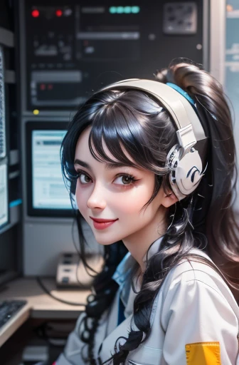 ridiculous resolution, High resolution, (masterpiece: 1.4), Ultra-detailed, A young woman with black hair dressed as a technician, Blushing and excited expression, Sitting in an extremely narrow and closed mecha control room