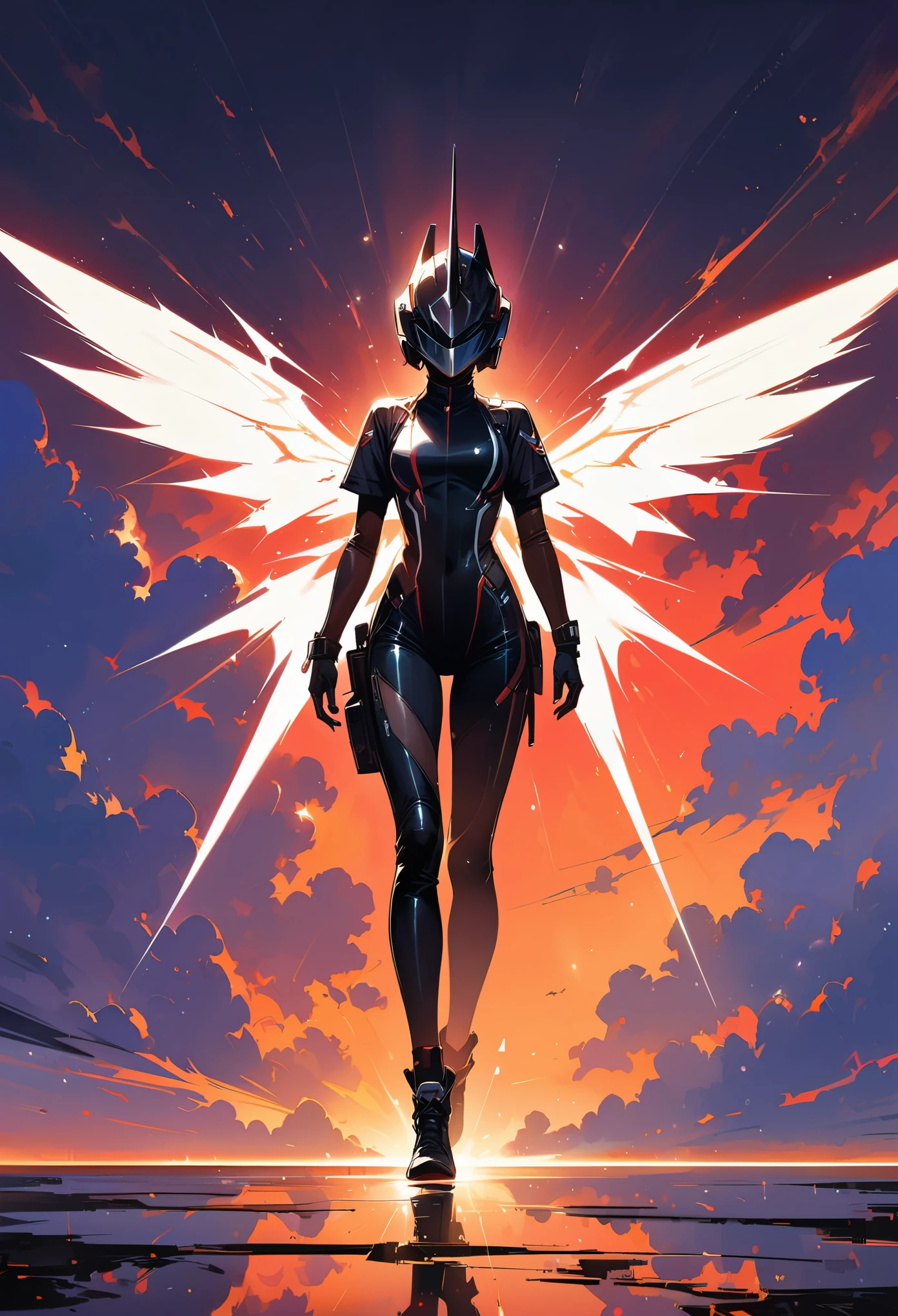 whole body, 1 girl, faceless, mystery, helmet, unicorn horn, glowing wings, bodysuit,standing posture,极致的detail表达,ultra high definition,最大detail显示,超detail,Clear detail,amazing quality,Super detail,Excellent,human development report,16K,detail,The most authentic, shiny metal, dark, leave, Dynamic angle, detail光, dramatic_shadow, Rays_track, reflection,raw, lens, (sharp focus:1.5), (lifelike:1.4), Dusk lighting, Volumetric lighting, ultra high resolution, 16K,dramatic lighting,
