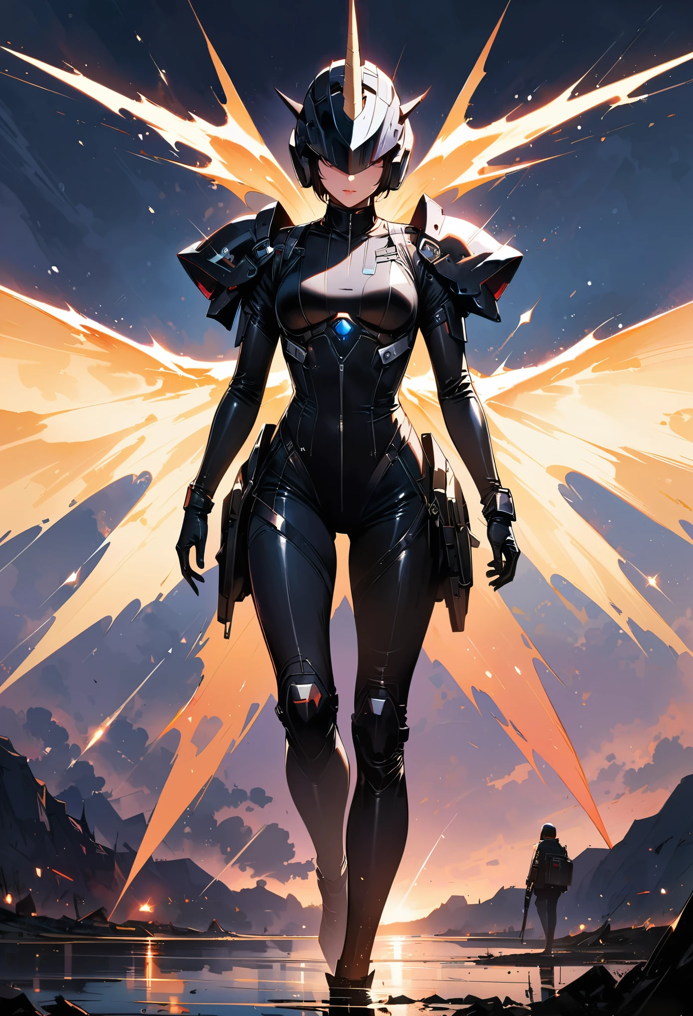 whole body, 1 girl, faceless, mystery, helmet, unicorn horn, glowing wings, bodysuit,standing posture,极致的detail表达,ultra high definition,最大detail显示,超detail,Clear detail,amazing quality,Super detail,Excellent,human development report,16K,detail,The most authentic, shiny metal, dark, leave, Dynamic angle, detail光, dramatic_shadow, Rays_track, reflection,raw, lens, (sharp focus:1.5), (lifelike:1.4), Dusk lighting, Volumetric lighting, ultra high resolution, 16K,dramatic lighting,