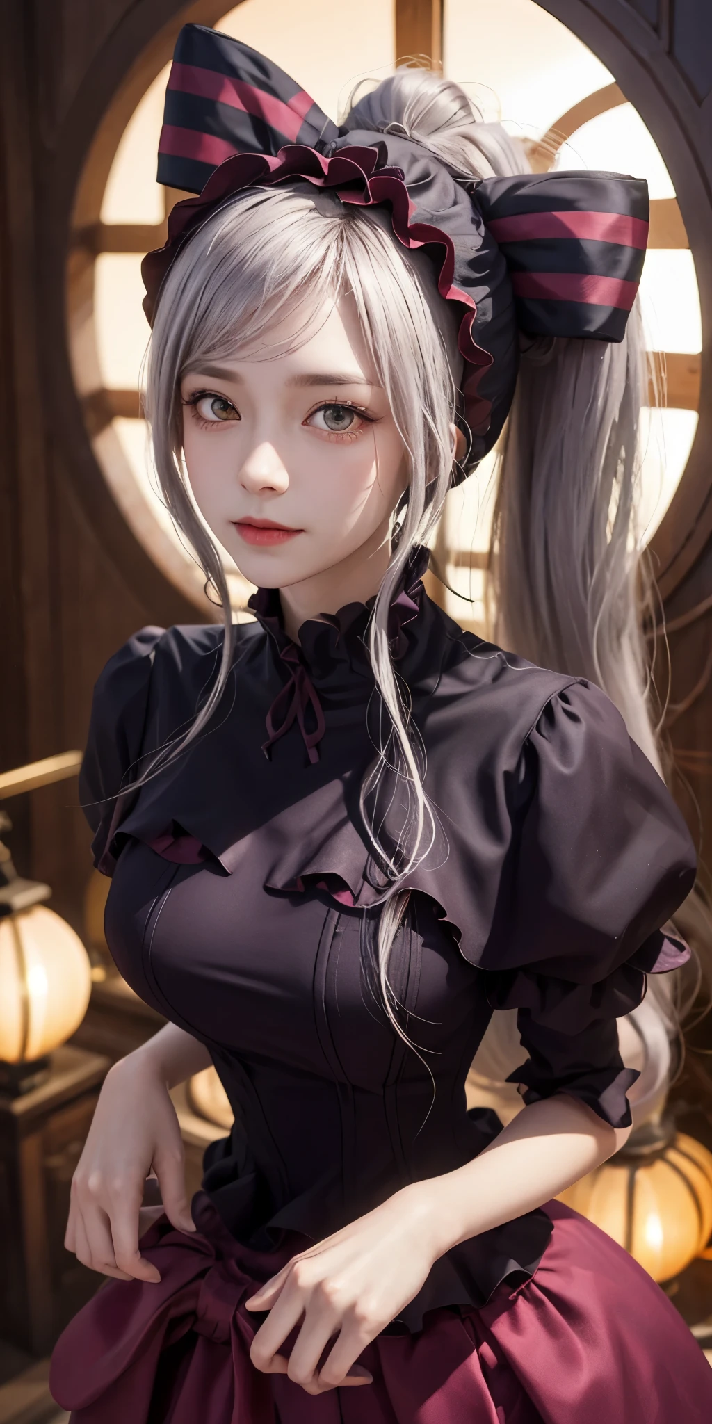 , best quality, Shalltear V4, 1 girl, alone, skirt, decorate, bow, hair bow, direction, faint smile, pale skin, luminescent, luminescent eyes, portrait