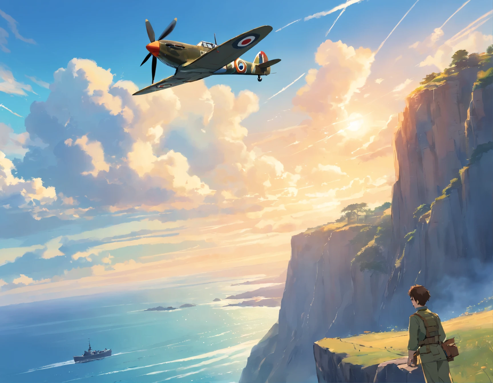 Cliffs in the background with relaxed mood, a British ww2 fighter plane spitfire in the foreground, flying.