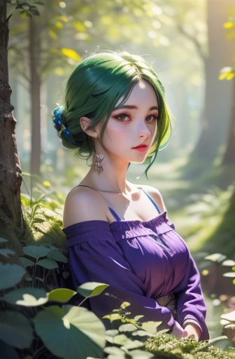 Rath 867, 1 girl, alone, (forest green hair:1.2), Asymmetrical hairstyle, (Violet clothes:1.2) masterpiece, best quality, photoactual, actual, (original photo, 8K Ultra HD, film grain), Caustics, subsurface scattering 