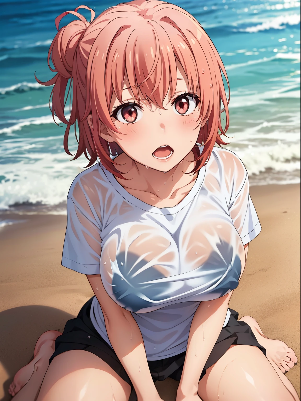 ((highest quality, High resolution,  perfect pixel, written boundary depth, 4k)), 1 girl,  beautiful anime girl, 
close, looking at the viewer, 
perfect body, 

yuigahama yui, , pink hair, huge breast, straight hair, short hair, 

(white t-shirt), Sweat, (wet hair:1.2), 
(panic, blush:1.2), open mouth, 
beach, wave, hands between legs, 
wariza, from above, focus breast, 