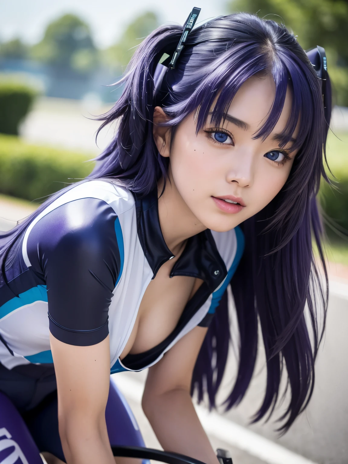(leaning forward:1.3), model posing, (beautiful japanese girl), (Shot with Canon EOS 5D Mark 4 and Canon EF Lens 180mm F2.4L lens, F value 2.4, ISO 50, shutter speed 64), beautiful and fine eyes, perfection , perfection, detailed face, fine eyes, excellent quality, masterpiece, very detailed, Advanced level of detail, many details, high quality, cinematic light, real hands, (super realistic:1.3), high school student , perfect eyes, detailed skin, skin blemish, short stature, breast cleavage, disproportionate breasts,
yuuka, blue eyes, halo, (purple hair:1.5), two side up, long hair,
braless, ((Purple and very shiny road bike racing uniform、A beautiful female cyclist who always rides her bike dynamically in road races.:1.3)), Uniform with open chest,