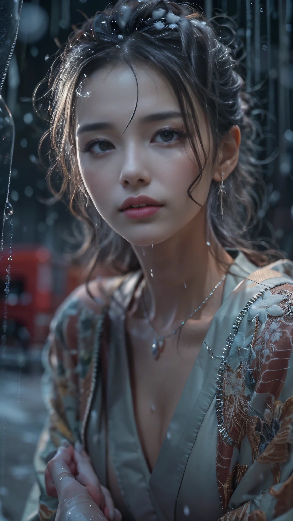 (RAW shooting, Photoreal:1.5, 8K, highest quality, masterpiece, ultra high resolution), ((((heavy snow, Blizzard)))), Highly detailed skin and facial textures:1.3, perfect dynamic composition:1.2, (In front of a shrine at night in a modern city, expression of sadness:0.9, Tears are flowing:0.9, cry with a broken heart:0.9), Slim office lady wet in the rain:1.3, cowboy shot, Fair skin:1.2, sexy beauty:1.1, perfect style:1.2, beautiful and aesthetic:1.1, very beautiful face:1.2, water droplets on the skin, (rain drips all over my body:1.2, wet body:1.2, wet hair:1.3), (Professional kimono dressing:1.1, Holding a bouquet of wet lilies:1.2, Wearing a wet silver kimono correctly:1.3), (Medium chest, Bra is sheer, Chest gap), (Eyes that feel beautiful eros:0.9, Too erotic:0.9, Bewitching:0.9), necklace, earrings, bracelet, wedding ring, Highly detailed hand and finger expressions