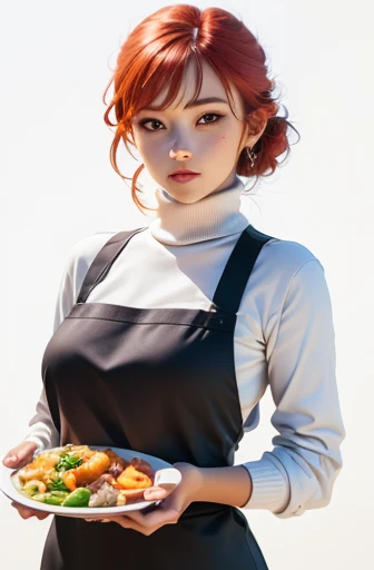 best quality, masterpiece, Kirillette Mix, alone, 1 girl, black eyes, White turtleneck shirt, (chibi: 0.6), light red hair, sticker, Emoticons, Lovely, White background, ((make food))