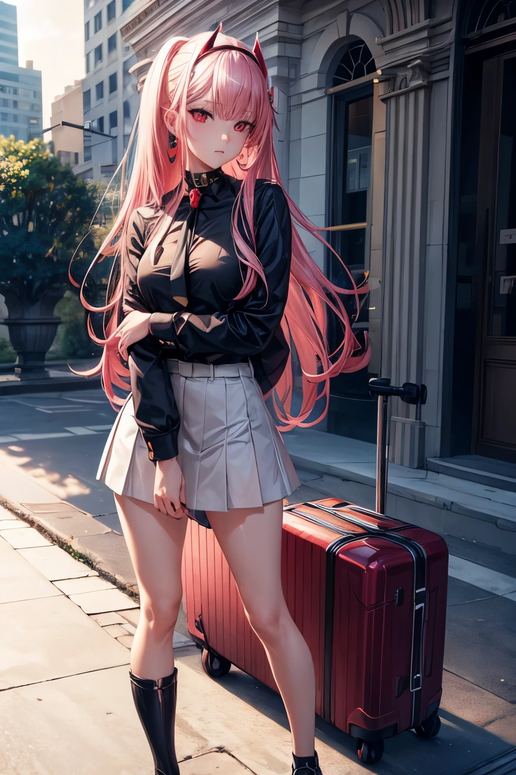 zerotwo, zero two, pink hair, choker, ear piercing, earrings, long hair, piercing, (red eyes: 1.5), straight hair, swept bangs,
BREAK black tie, long sleeve shirt, (short skirt), rolled up sleeves, white shirt, neckline,
BREAK On the terrace of a building,
BREAK looking at viewer, (Full body)
BREAK (masterpiece: 1.2), best quality, high resolution, Unity 8k wallpaper, (artwork: 0.8), (beautiful detailed eyes: 1.6), extremely detailed face, perfect lighting, extremely detailed CG (perfect hands, perfect ??????? ),