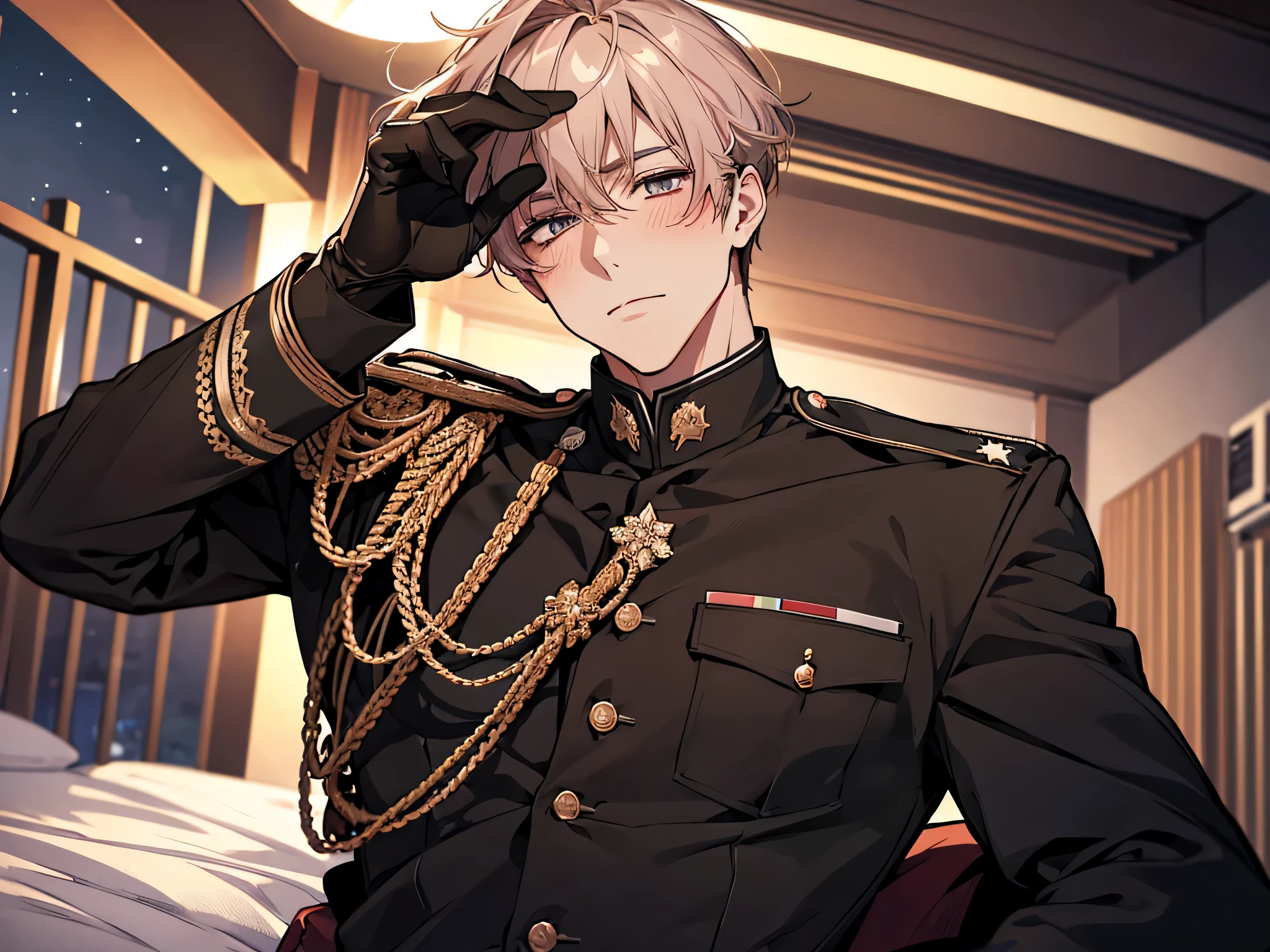 male,masterpiece,Alone in military uniform, male in military uniform, pper body, from below,sexy, blush,take off gloves,Bed,night,,royal family
