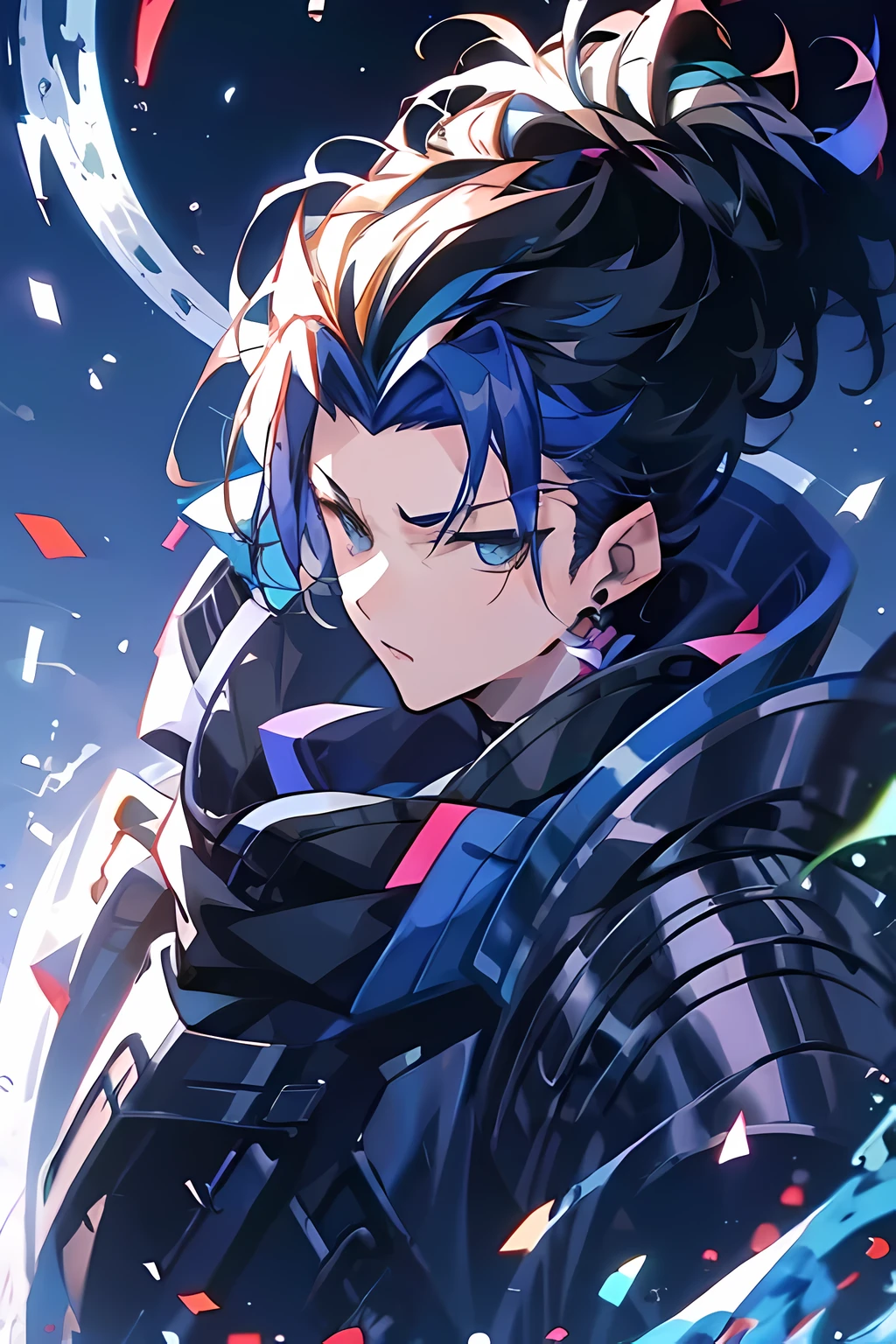 Yoru Valorant, black hair, blue hair, spiked hair, night sky, full moon, spiked hair, short hair, two-tone hair, ear piercing, blue eyes, Soul Card, jacket, shoulder spikes, realistic, Full HD, best quality, glow blue eyes, mad face, strong character