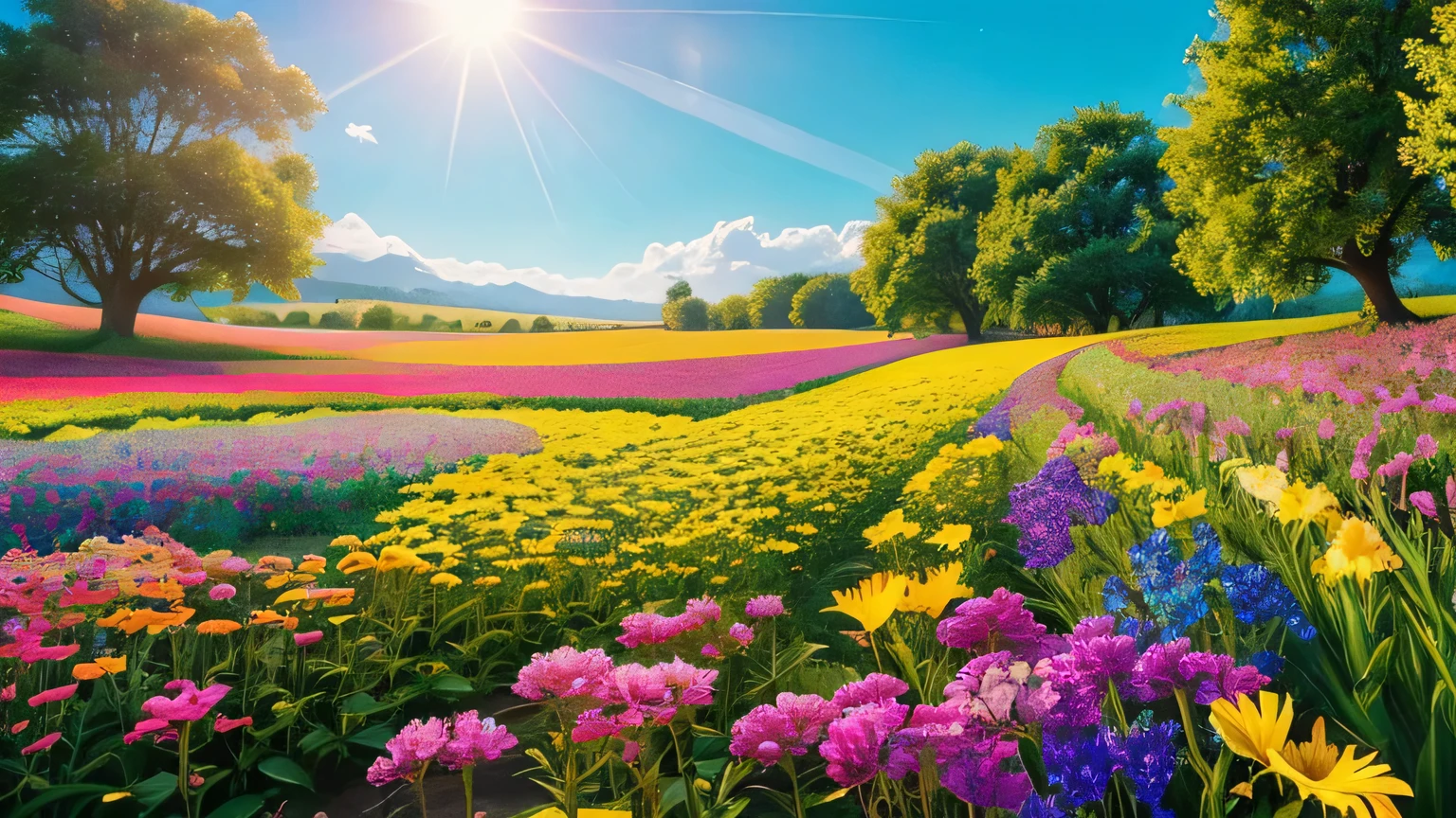 (Best quality, 8k, high quality, masterpiece: 1.2), bright colorful flowers with butterflies, A sun-drenched field