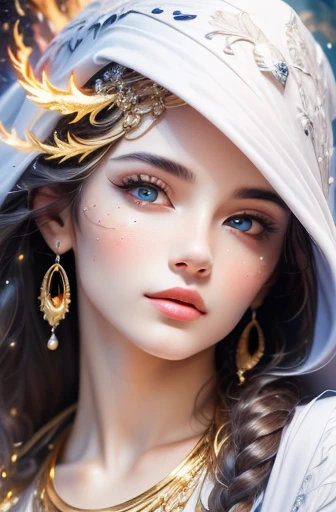 (masterpiece, top quality, best quality, official art, Beautiful and beautiful:1.2), (1 girl), extremely detailed eyes, (fractal art:1.3), rich and colorful, most detailed, (perfect face), shiny skin, high dynamic range, (white cloak golden lines:1.2), galaxy, (light streaks), Eye-catching visuals, (dynamic stripes, glow trail:1.2), bright colors, (Phoenix), (dragon)