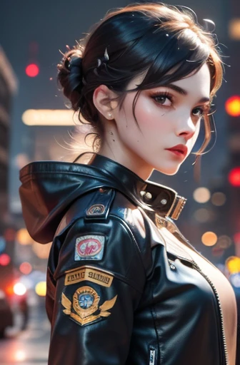 natlp as portrait of beautiful female model, Georgia Fowler, pretty face, dark brown short hair, Cyberpunk city at night. she is wearing a leather jacket, black jeans, dramatic lighting, (badge:1.2)