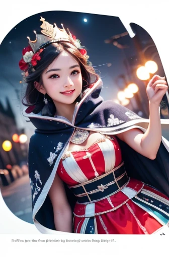best quality, High_solve, clearly_image, Detailed background ,girl, random wear and tear,flower, night sky,Dutch Cape, Wide-angle lens,shy smile, crown,