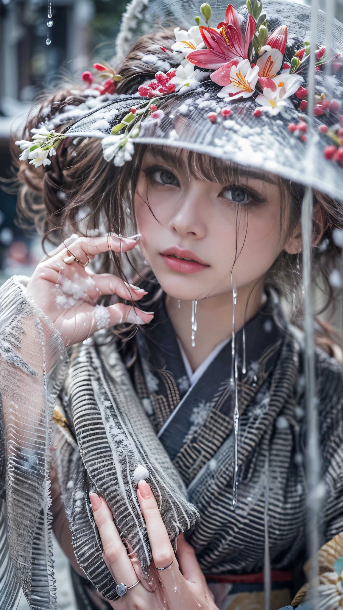 (RAW shooting, Photoreal:1.5, 8K, highest quality, masterpiece, ultra high resolution), ((((heavy snow, Blizzard)))), Highly detailed skin and facial textures:1.3, perfect dynamic composition:1.2, (In front of a shrine at night in a modern city, expression of sadness:0.9, Tears are flowing:0.9, cry with a broken heart:0.9), Slim office lady wet in the rain:1.3, cowboy shot, Fair skin:1.2, sexy beauty:1.1, perfect style:1.2, beautiful and aesthetic:1.1, very beautiful face:1.2, water droplets on the skin, (rain drips all over my body:1.2, wet body:1.2, wet hair:1.3), (Professional kimono dressing:1.1, Holding a bouquet of wet lilies:1.2, Wearing a wet silver kimono correctly:1.3), (Medium chest, bra is see-through, Chest gap), (Eyes that feel beautiful eros:0.9, Too erotic:0.9, Bewitching:0.9), necklace, earrings, bracelet, wedding ring, Highly detailed hand and finger expressions