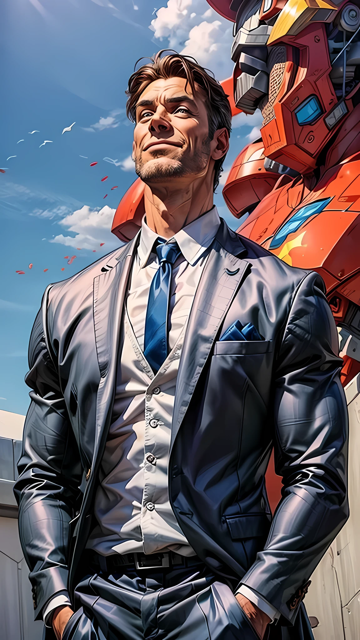 a man muscular in suit of approximately 40 years old, so happy