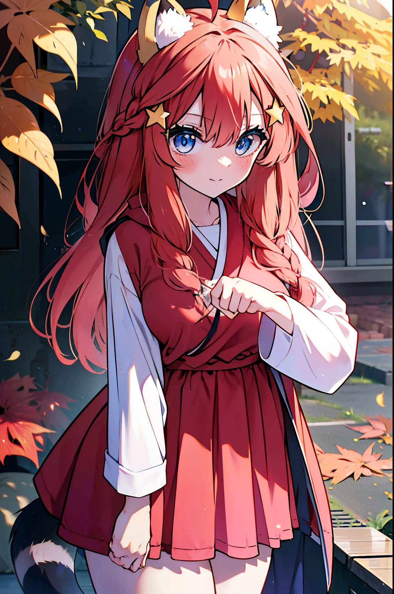 itsukinakano, itsuki nakano, bangs, blue eyes, hair between eyes, Ahoge, redhead, star \(symbol\), short braided hair,hair ornaments, star hair ornaments,smile,blush,animal ears raccoon ears,animal tail Tanuki tail,red hoodie,white long skirt,Cute Sandals,autumn leaves,whole bodyがイラストに入るように,
break outdoors, garden,
break looking at viewer,whole body,(cowboy shot:1.5),
break (masterpiece:1.2), highest quality, High resolution, unity 8k wallpaper, (shape:0.8), (beautiful deしっぽed eyes:1.6), extremely deしっぽed face, perfect lighting, extremely deしっぽed CG, (perfect hands, perfect anatomy),