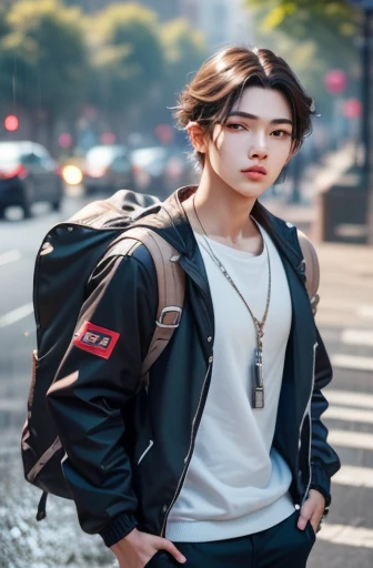 1 boy, Jacket, rain, outdoor, Sweatshirt, open Jacket, chain, Backpack, Look at the other, Hair parted in the middle, tanned skin, Boy gender, Boy Focus, Artstation trends, 8K resolution, Very detailed, anatomically correct, Clear images, number, concept art, Trends of pixiv, Xin Haicheng style,